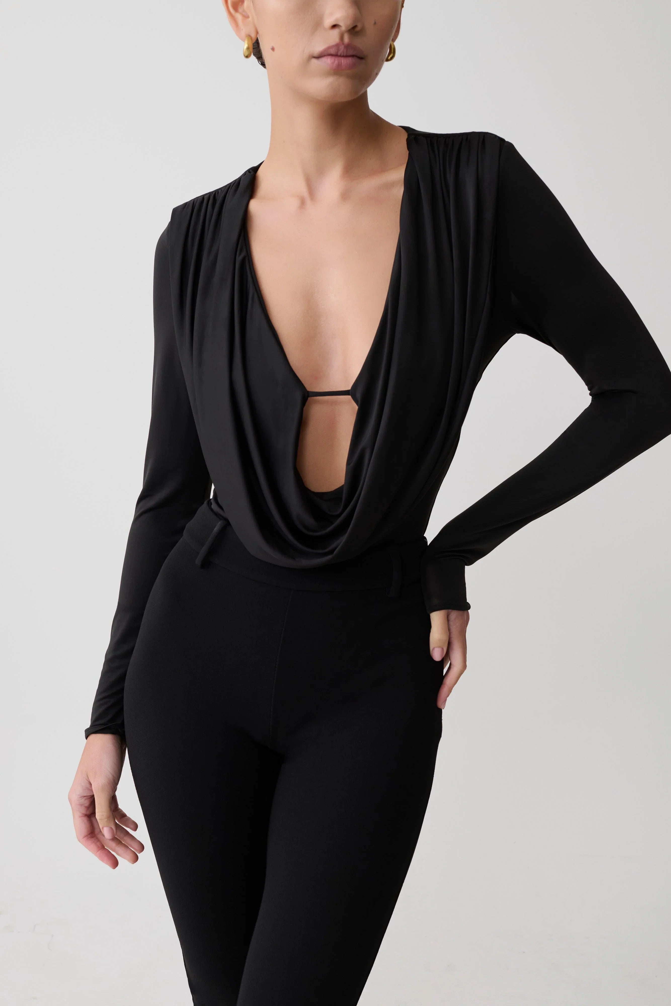 Ren Cowl Long Sleeve Slinky Bodysuit Black