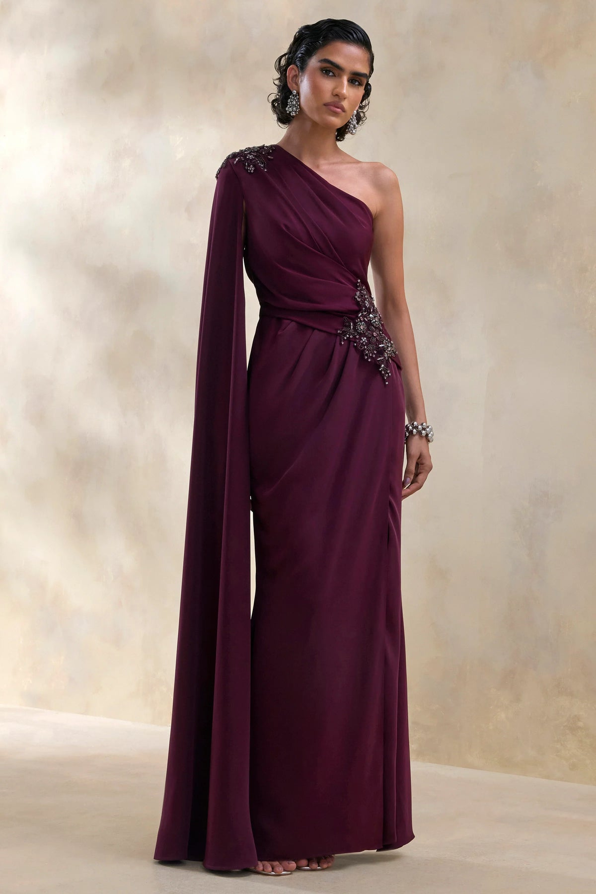 Solace Dark Plum Asymmetric Neck Maxi Dress With Front High Split