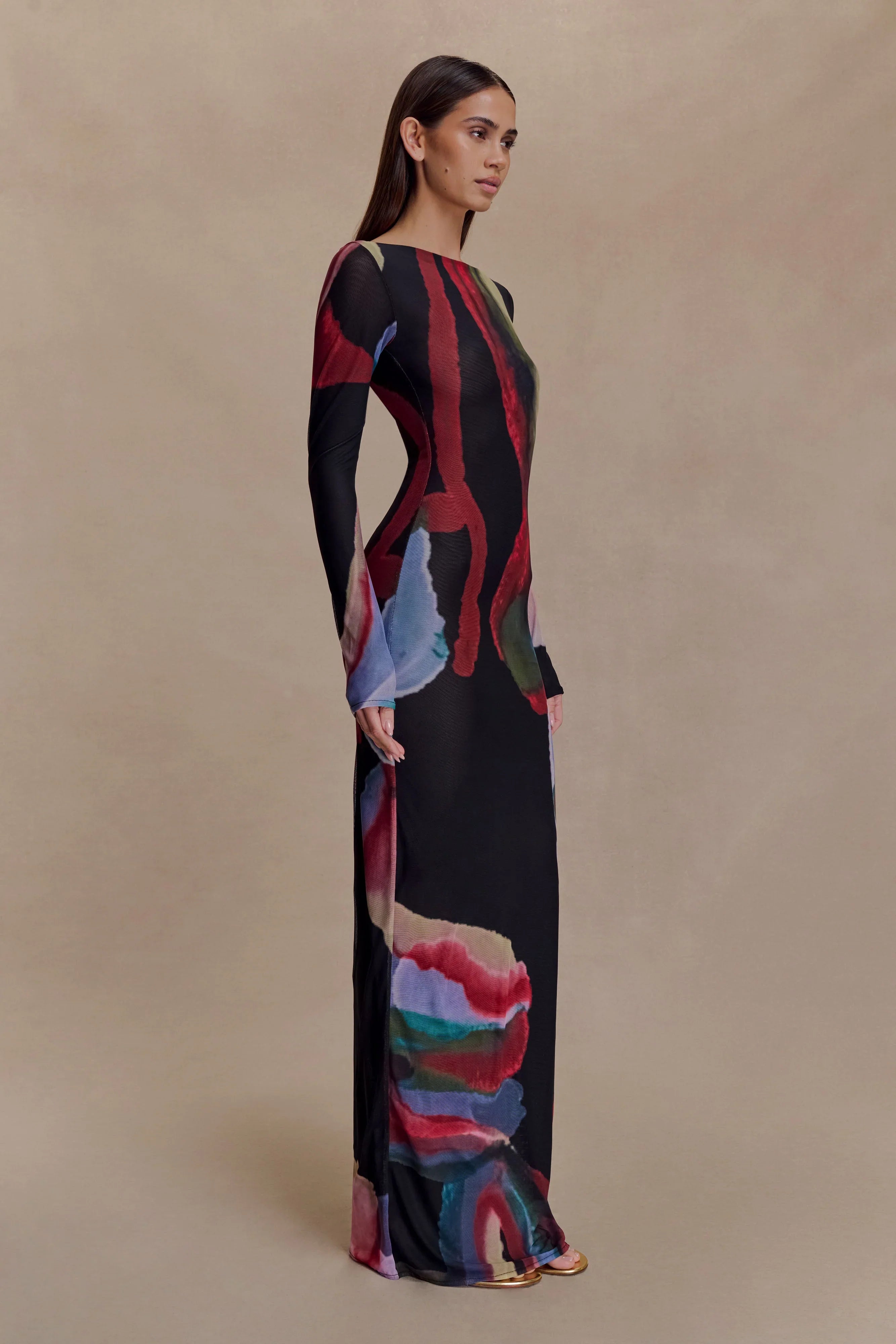 Soraya Long Sleeve Mesh Maxi Dress Multi Fluid Reverie Print