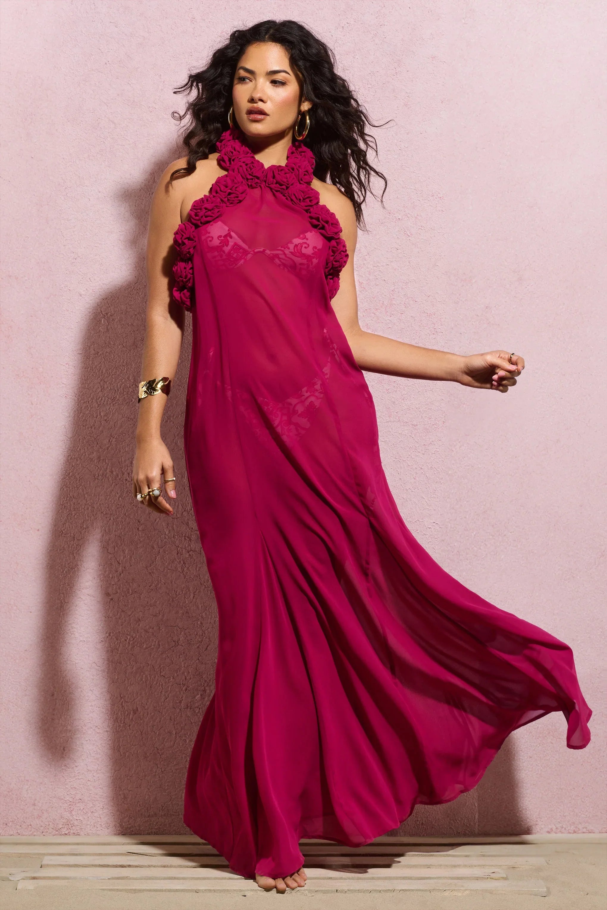 Naelya Dark Pink Chiffon Halter Neck Maxi Dress With Corsages