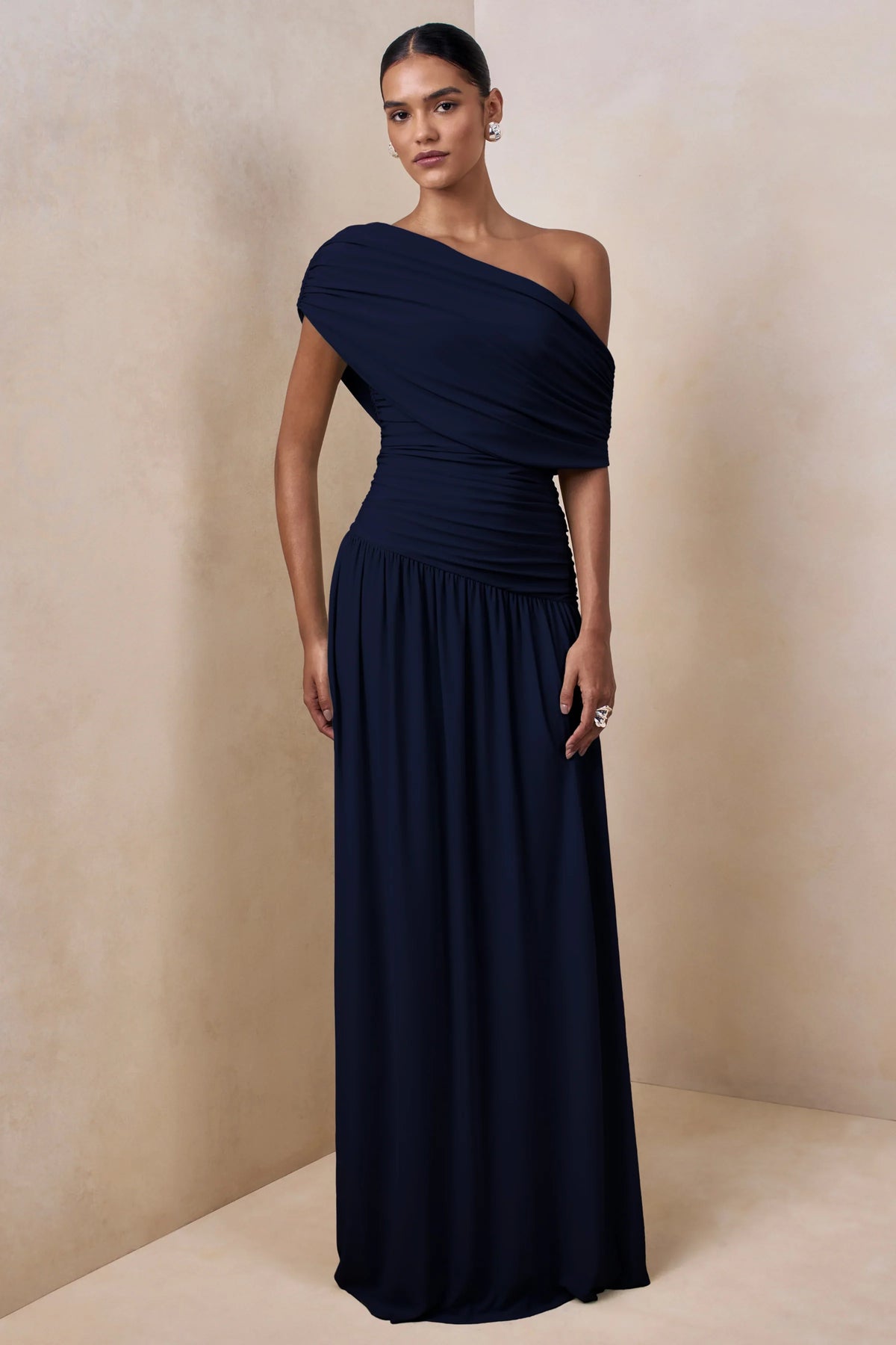 Emberly Navy Draped Asymmetric Neck Maxi Dress With Drop Waist