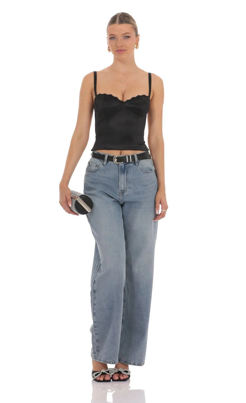 Satin Open Back Tie Top in Black