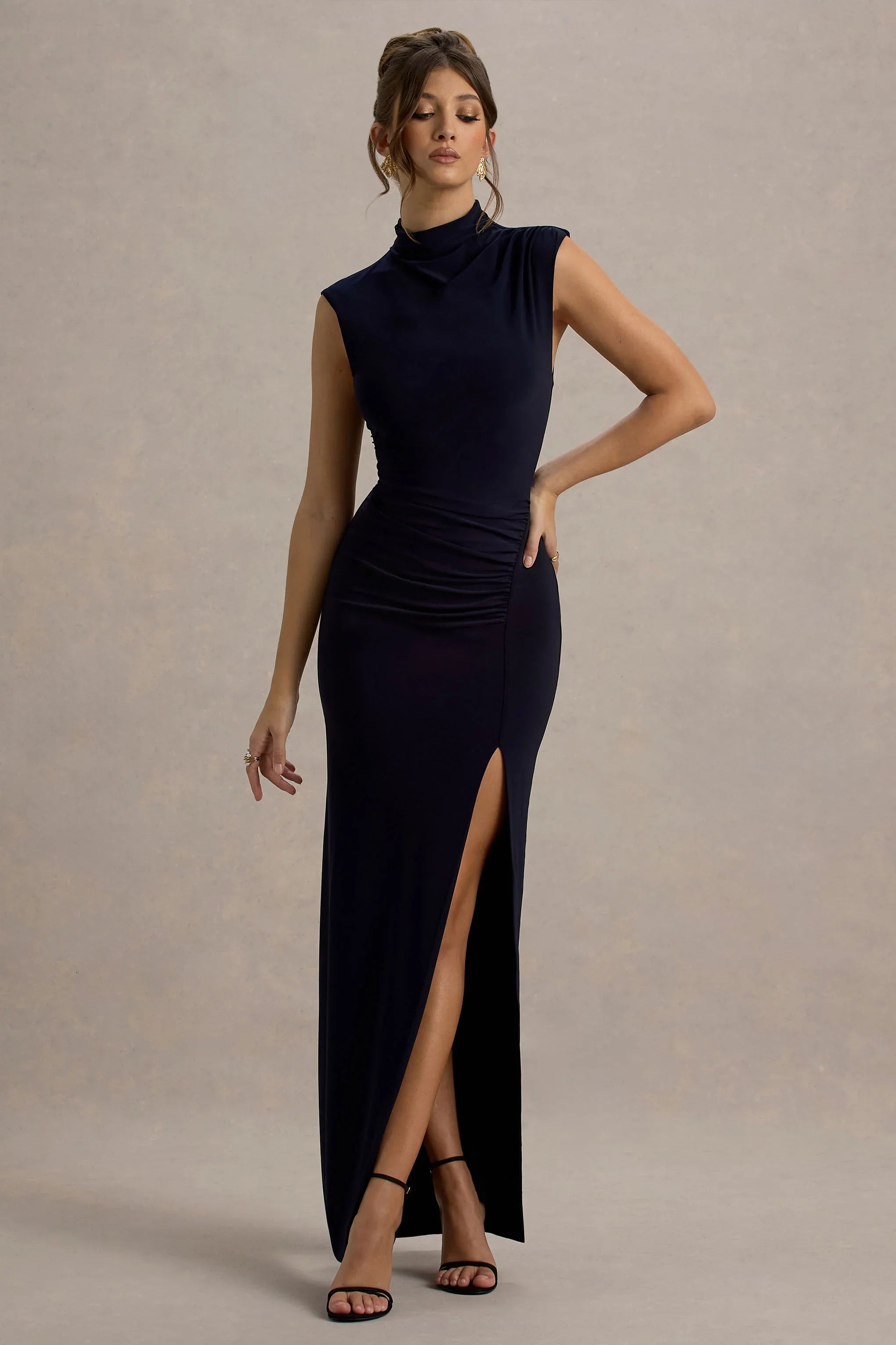 Lanetta Navy Ruched High Neck Maxi Dress With Split