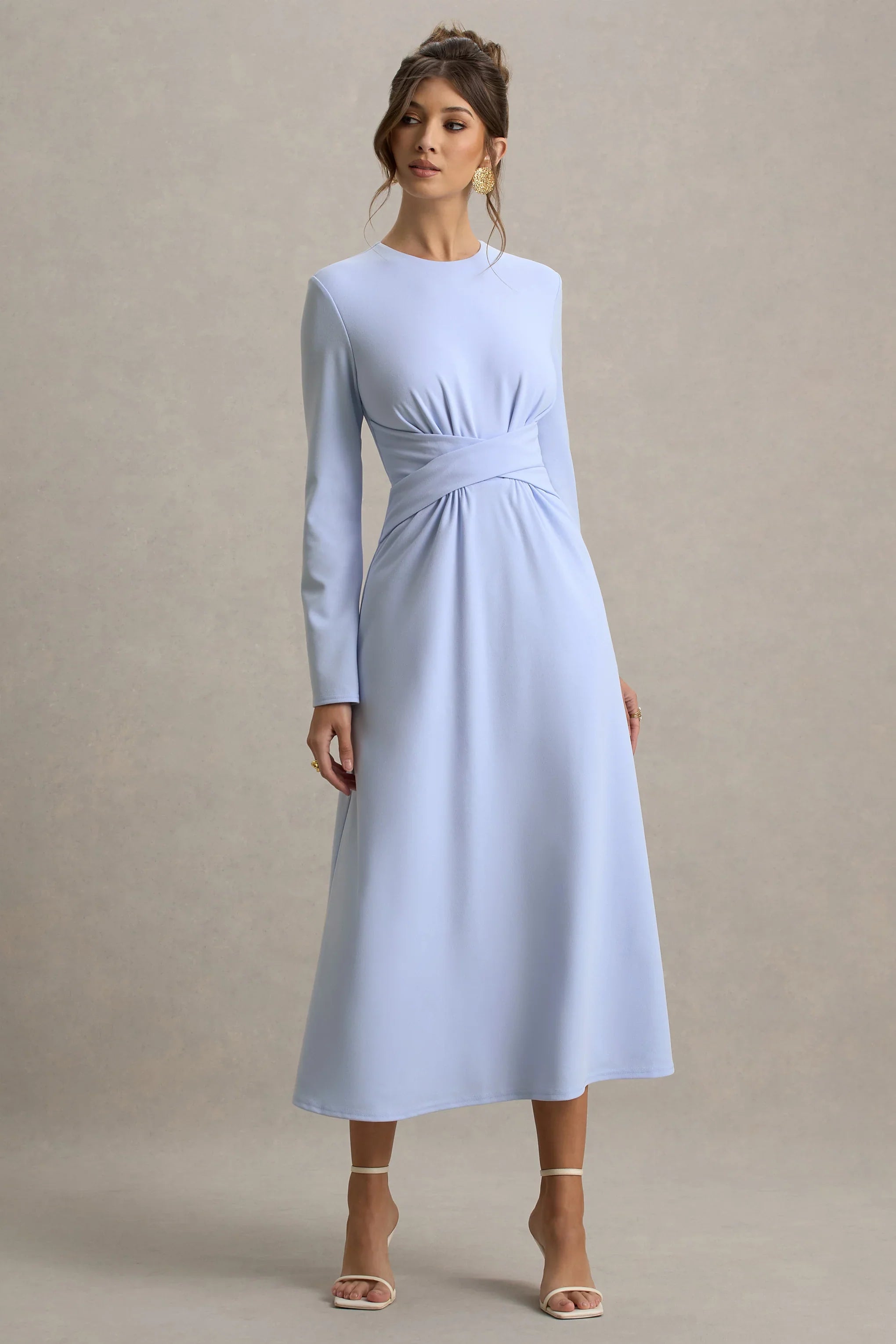 Cassiopeia Light Blue Long Sleeve Midi Dress With Cross Waist