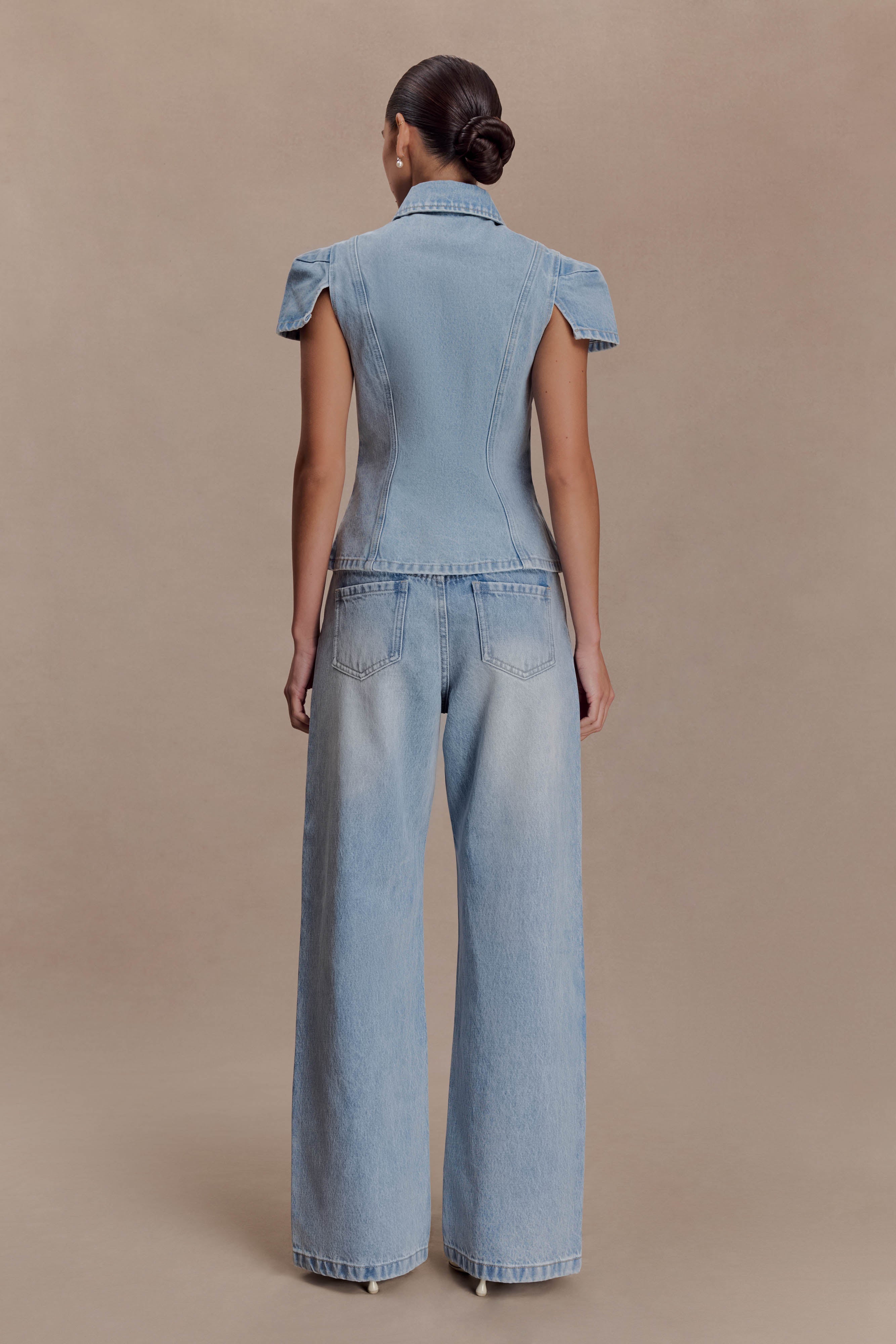 Perrie Mid Rise Straight Leg Tie Jeans Washed Light Blue