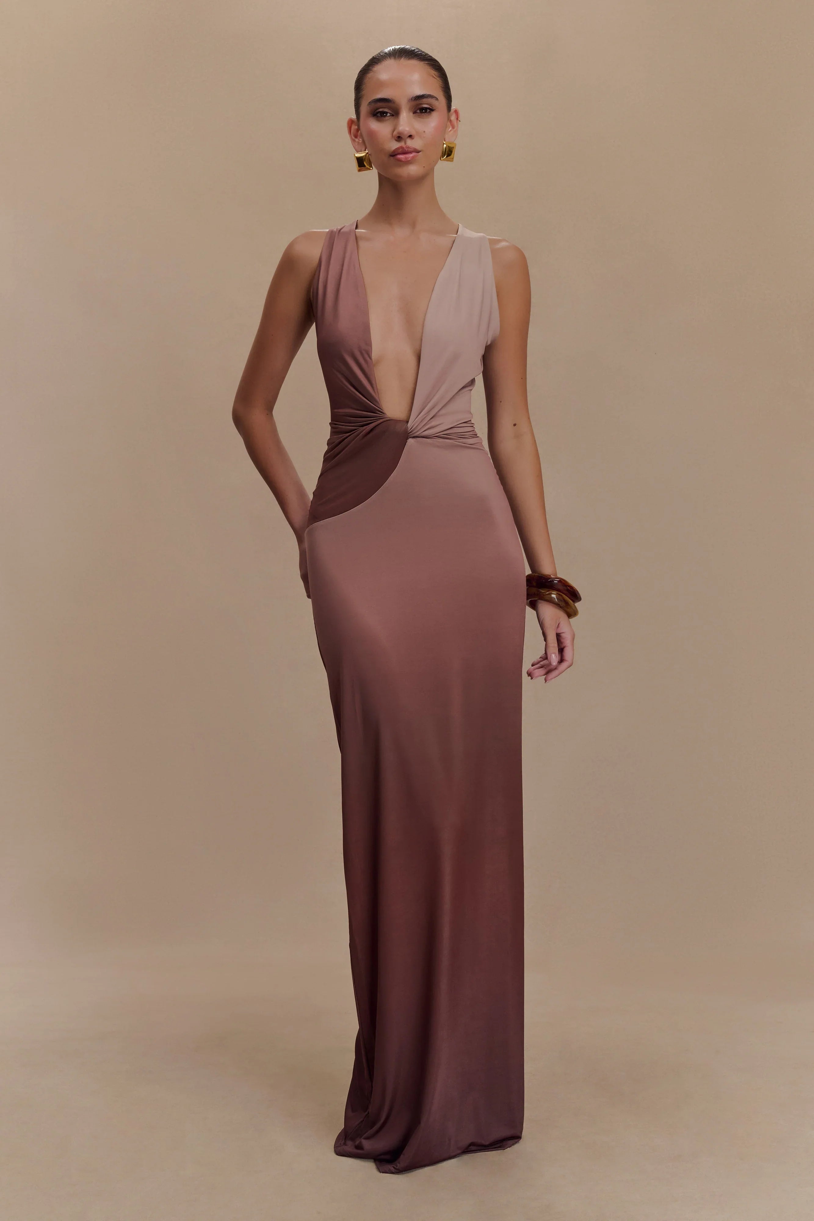 Stella Draped Slinky Maxi Dress Mocha Ombre