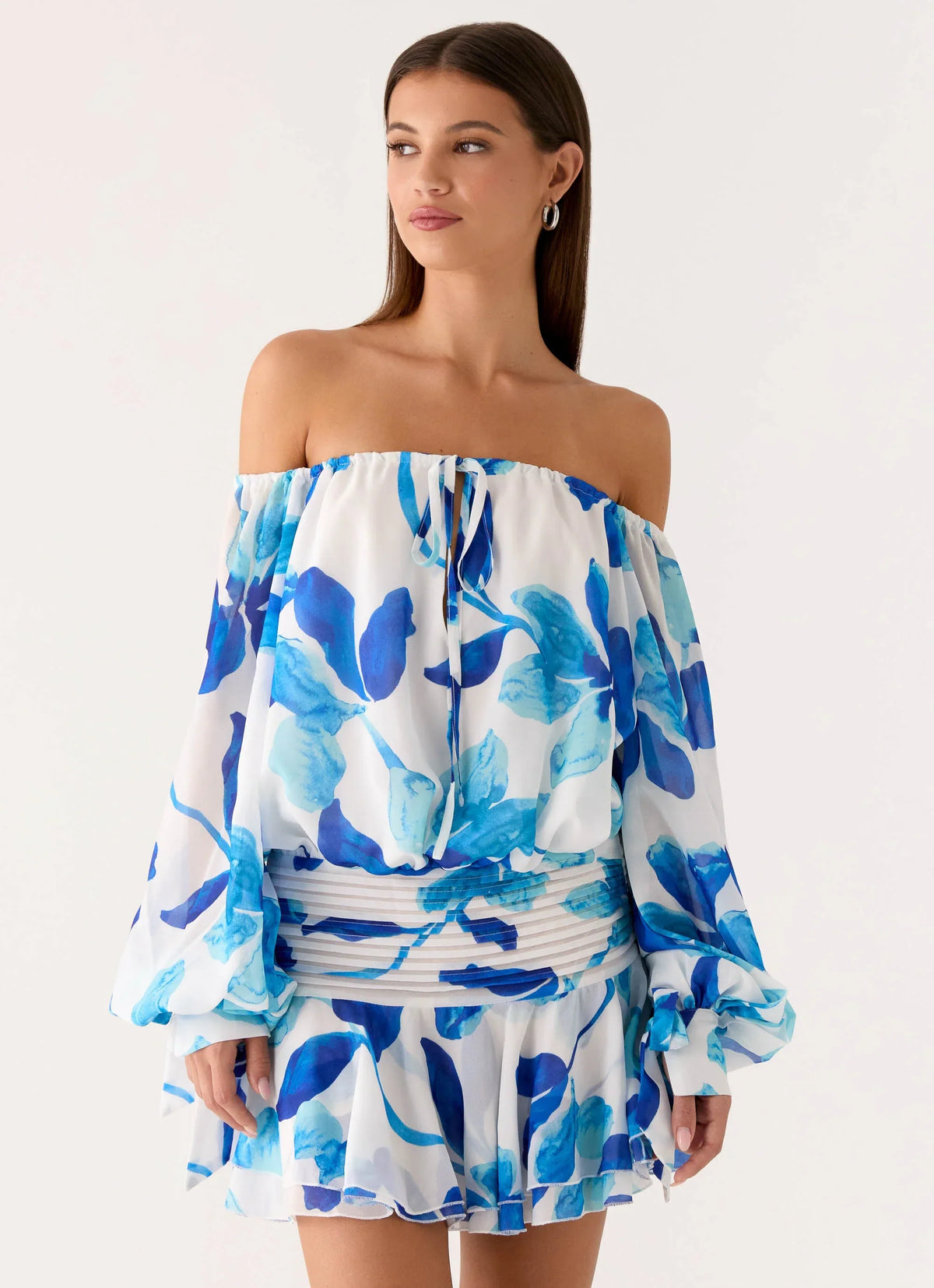 Eira Balloon Sleeve Mini Dress Cerulean Bloom