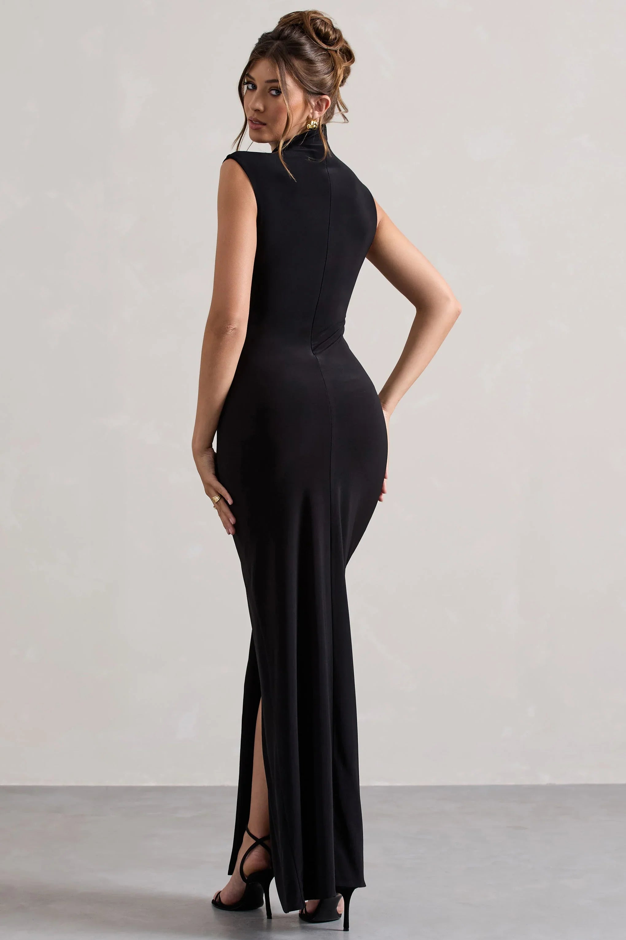 Lanetta Black Ruched High Neck Maxi Dress With Split