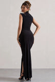 Lanetta Black Ruched High Neck Maxi Dress With Split