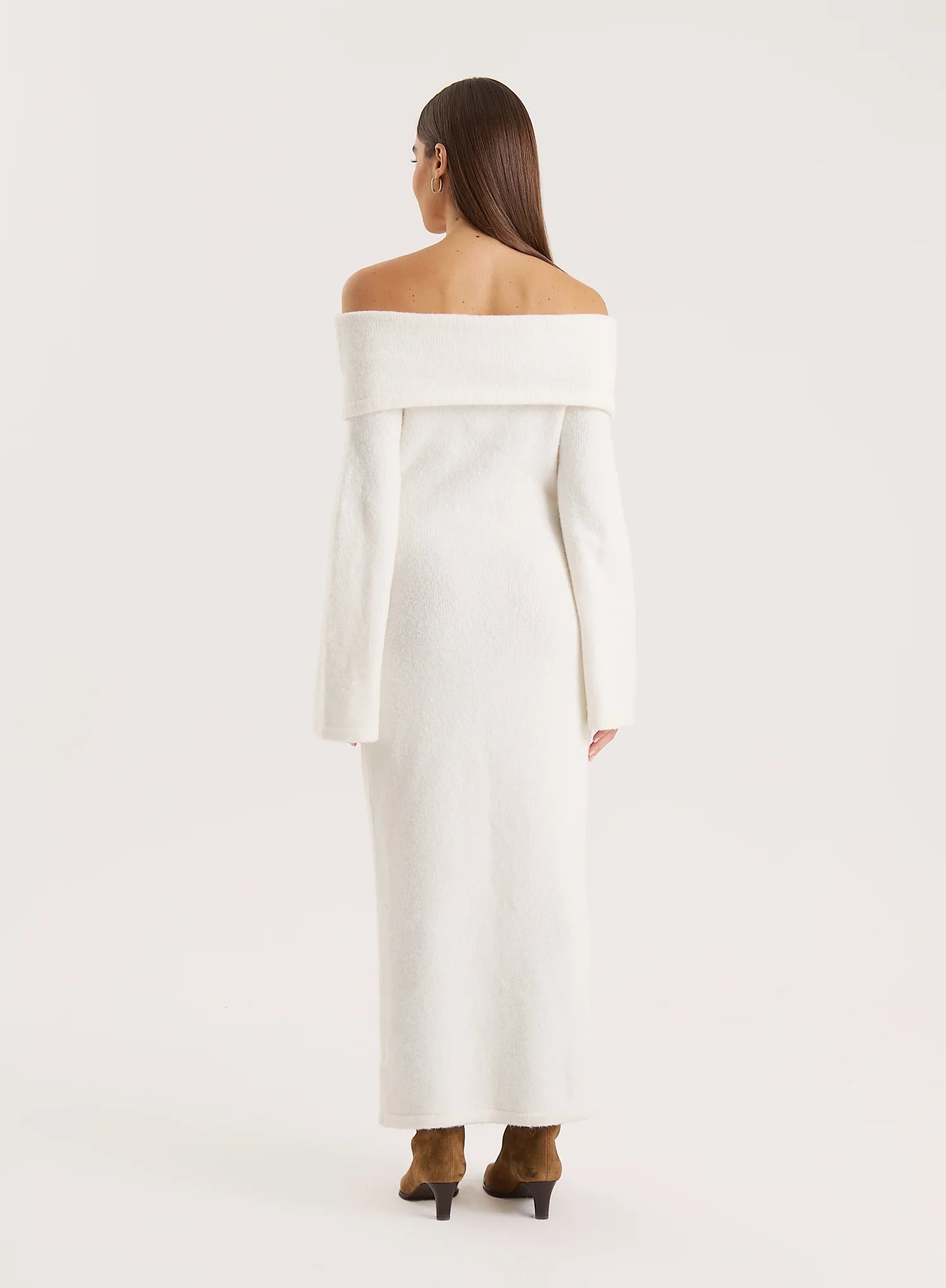 Cream Off Shoulder Wool Blend Knitted Maxi Dress