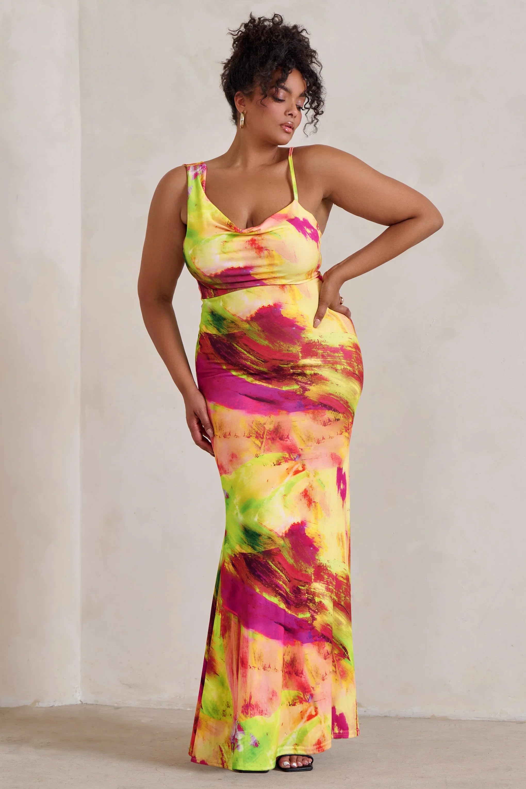 Phantasy Lime Print Asymmetric Neckline Cowl Maxi Dress