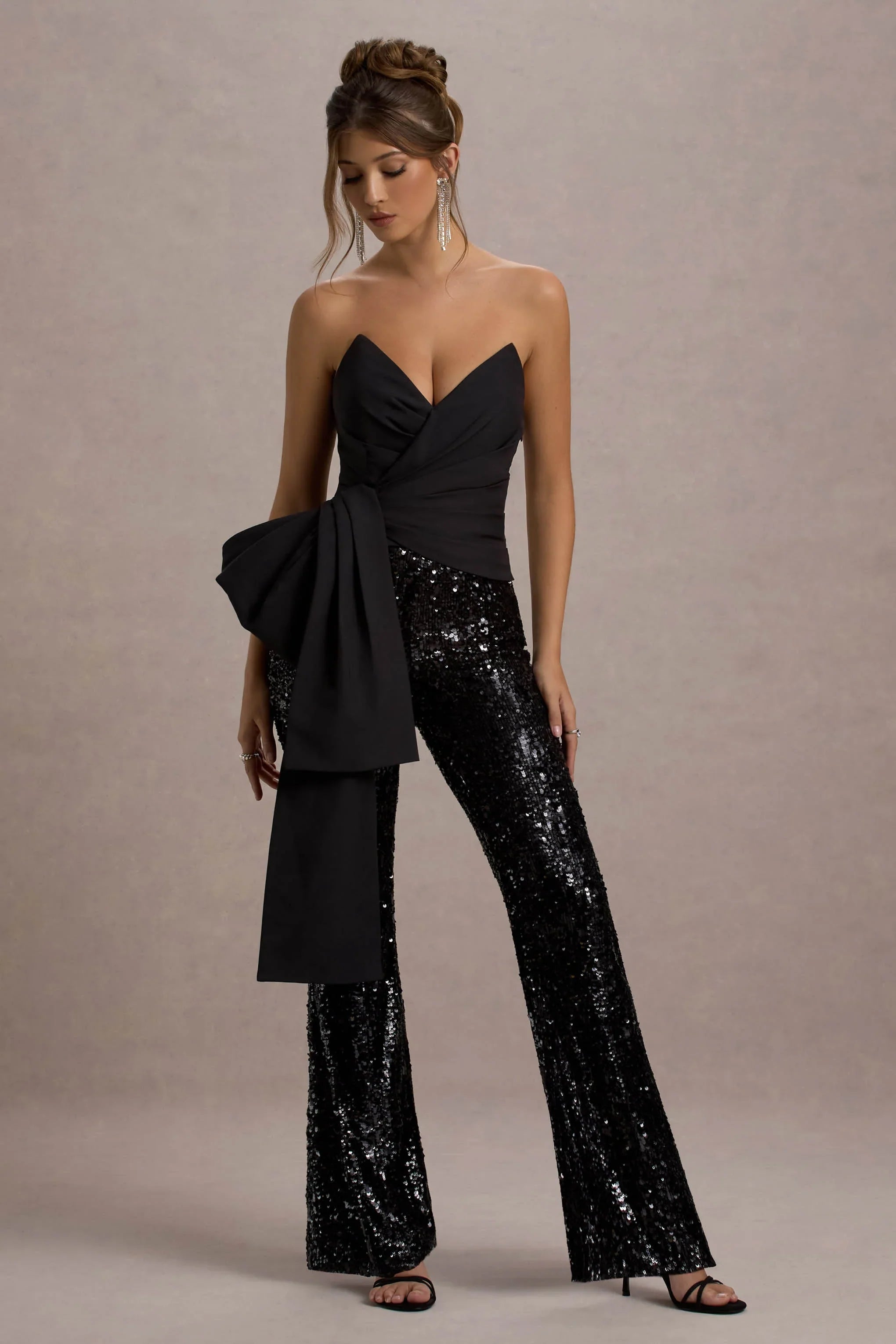 Bianco Black Sequin Strapless Flared Leg Jumpsuit With Drape