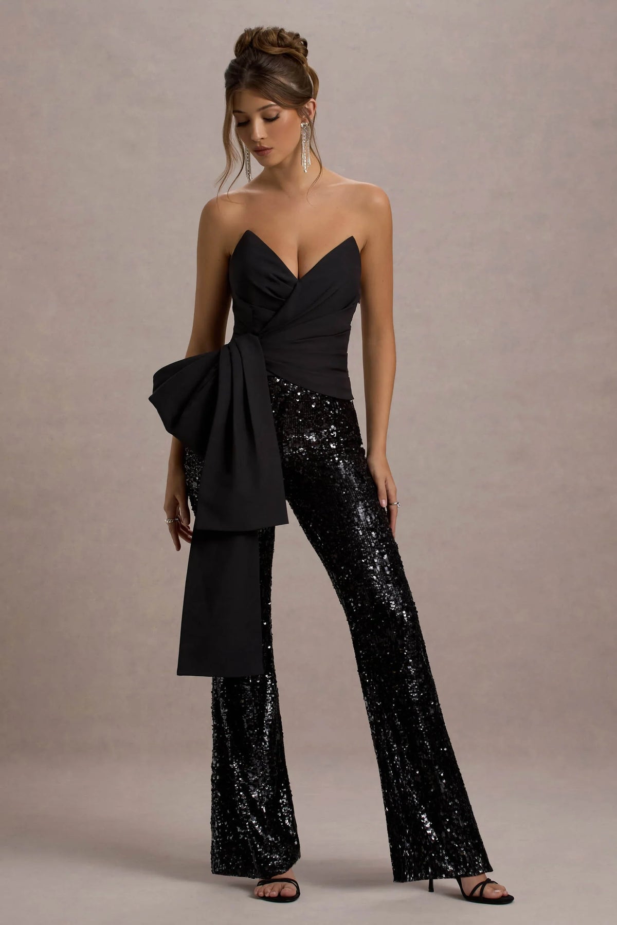 Bianco Black Sequin Strapless Flared Leg Jumpsuit With Drape