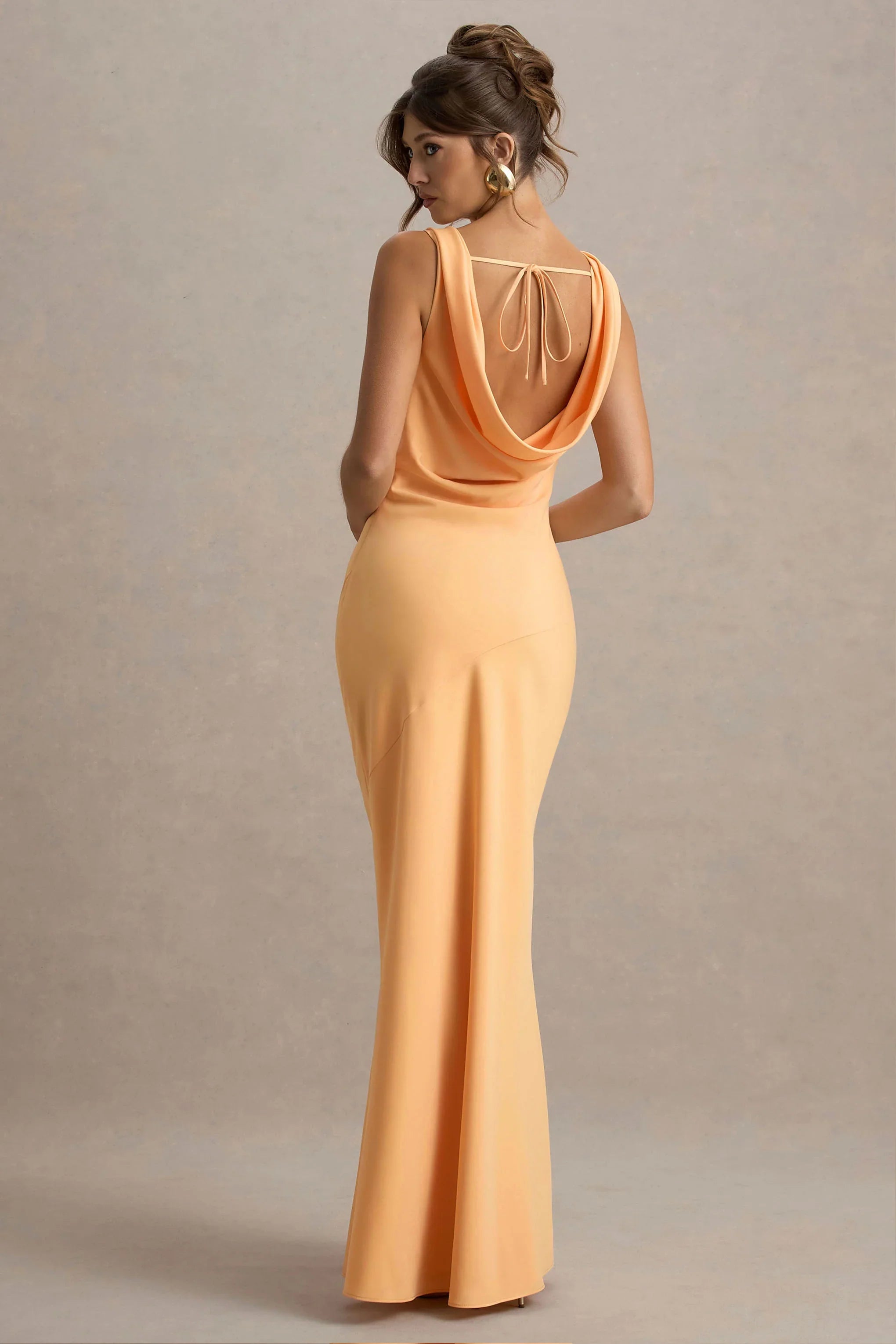 Alesso Peach Satin Cowl Neck Slip Maxi Dress