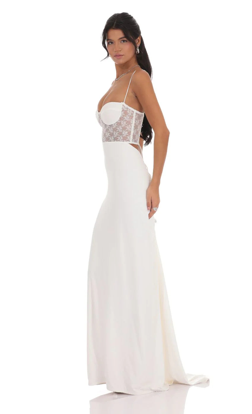 Shimmer Lace Cutout Maxi Dress in White