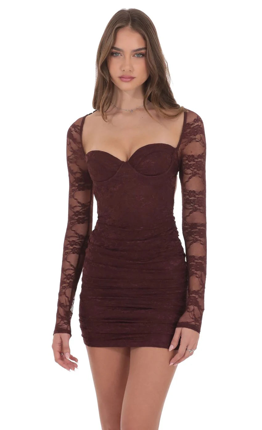 Lace Long Sleeve Bodycon Dress in Brown