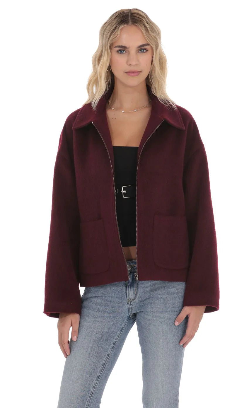 Fuzzy Zip Up Jacket in Burgundy