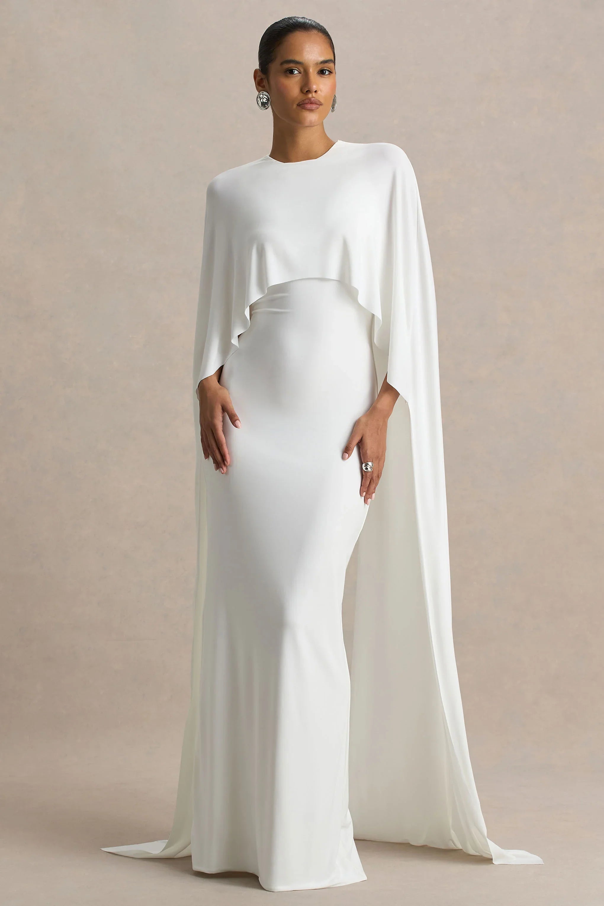 Padma White Draped Maxi Dress With Cape Sleeves