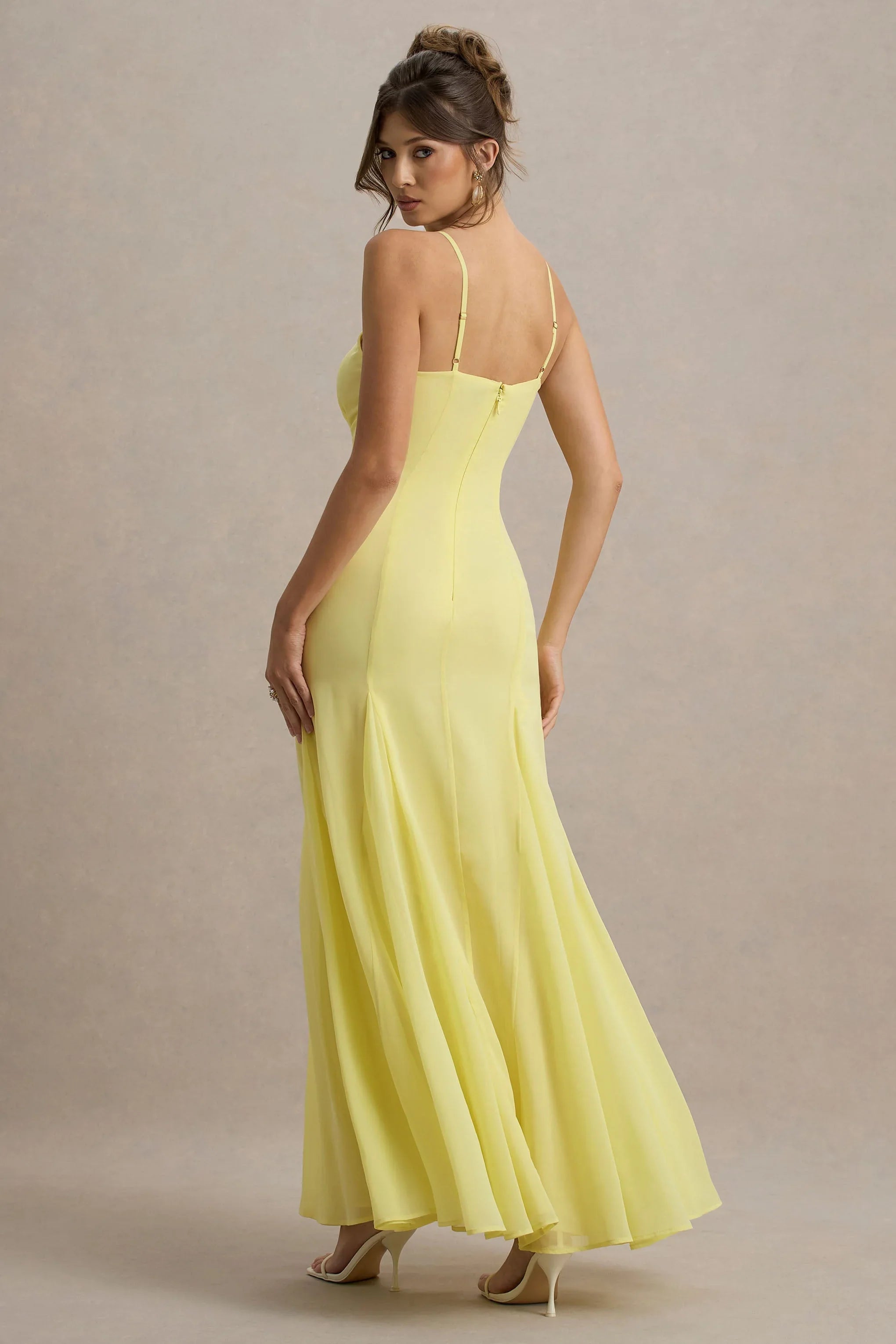 Massie Lemon Chiffon Strappy Maxi Dress With Volume Hem