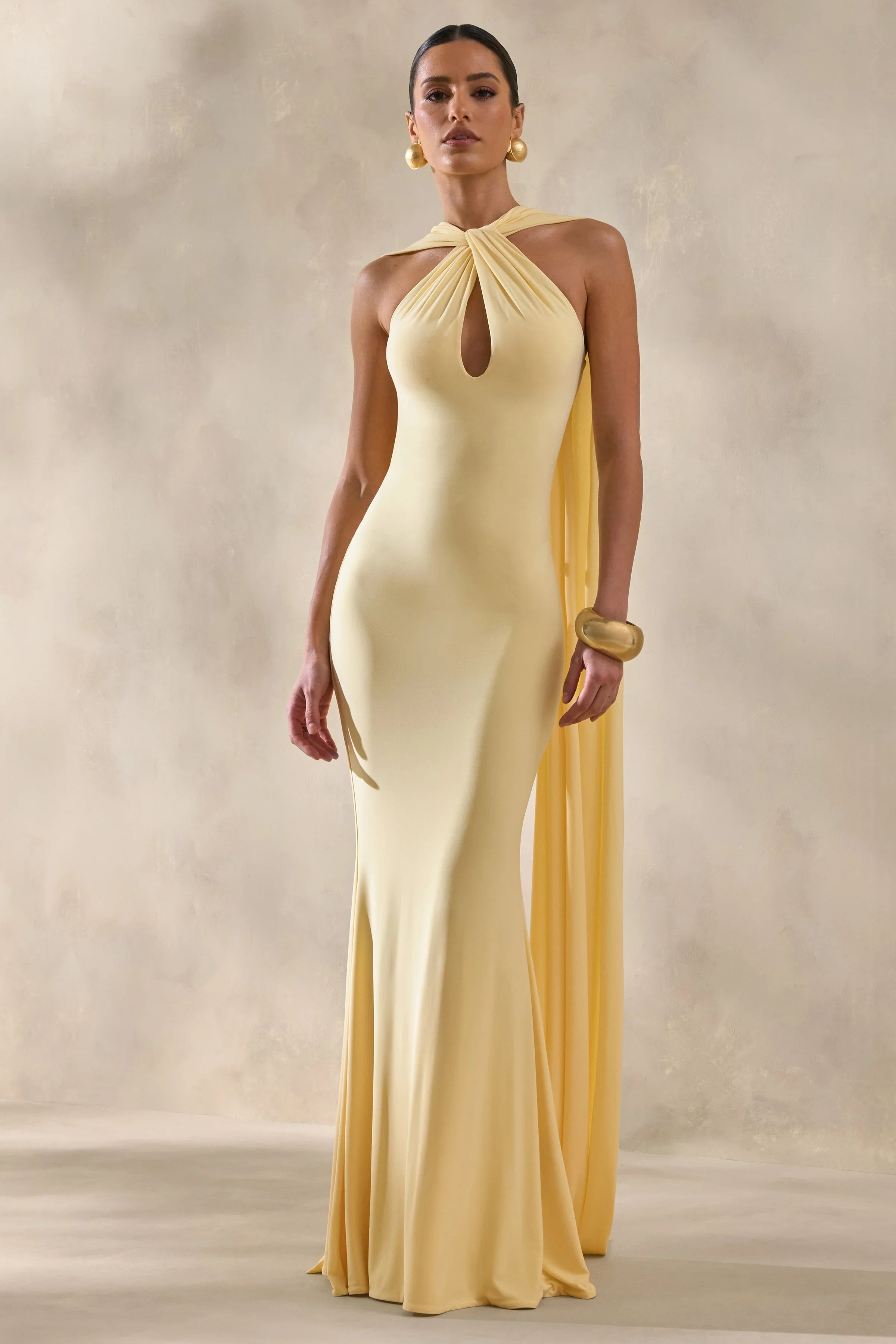 Rhoda Lemon Twist Halter Neck Cape Maxi Dress