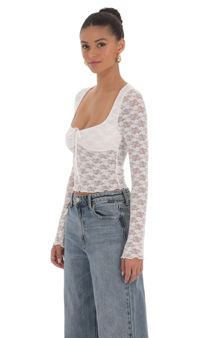 Long Sleeve Lace Top in White
