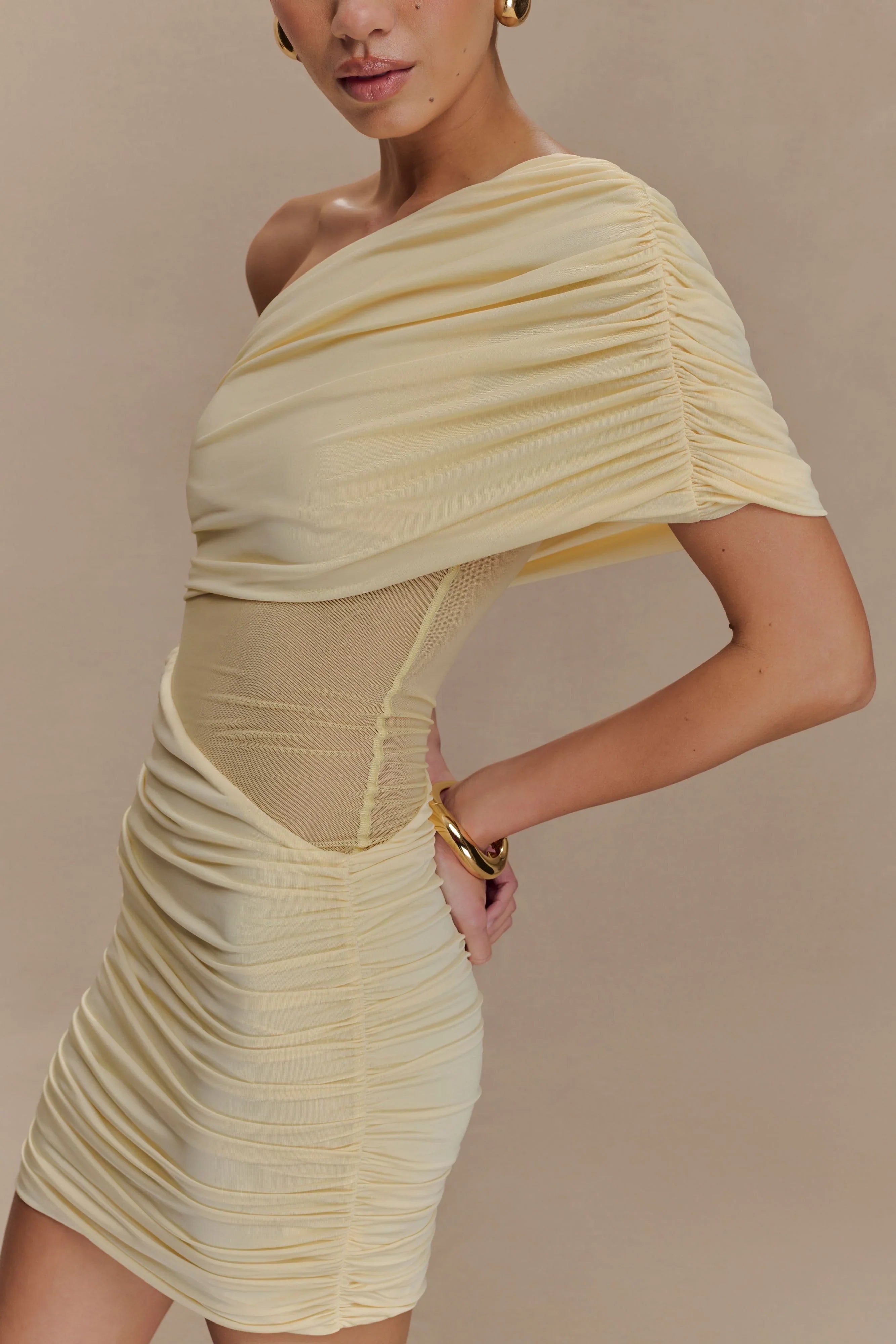 Dallas One Shoulder Mesh Mini Dress Lemon