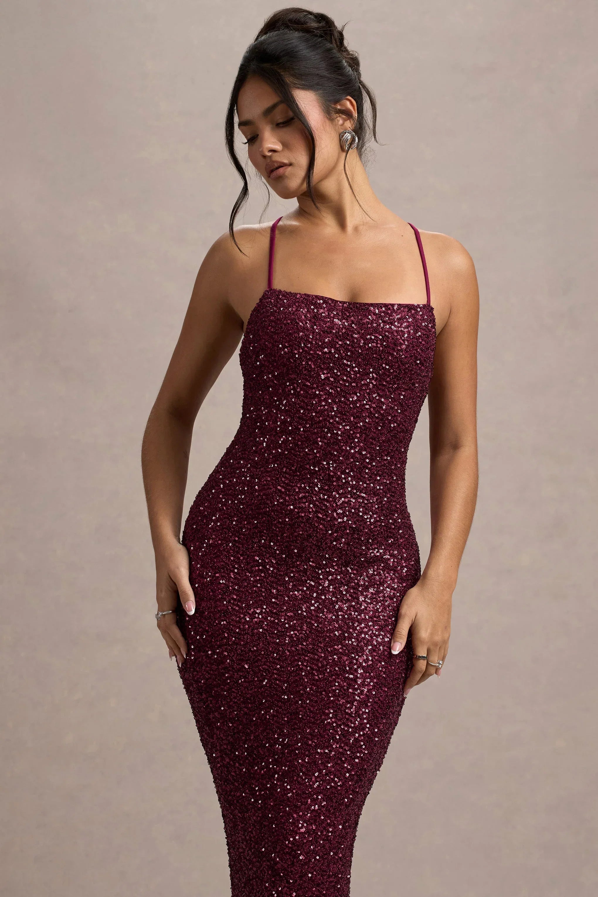 Cosmic Berry Sequin Square Neck Strappy Maxi Dress