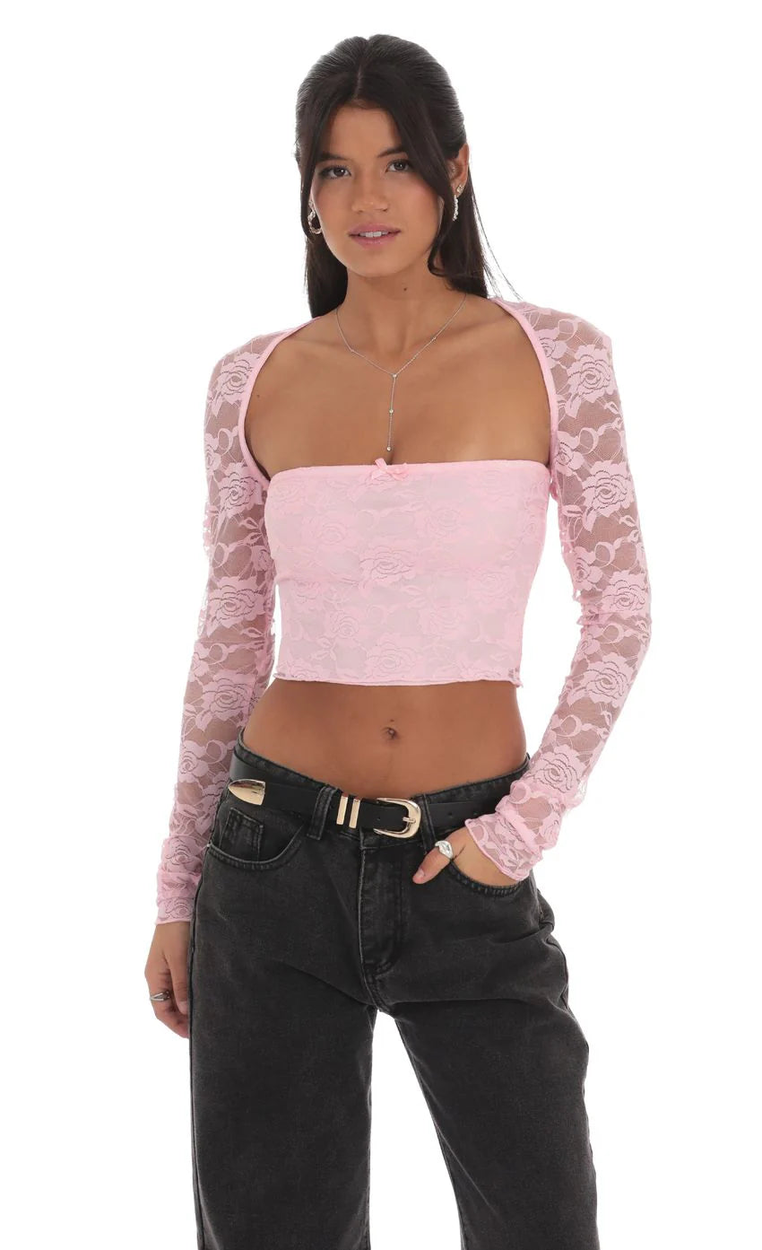 Lace Long Sleeve Top in Pink