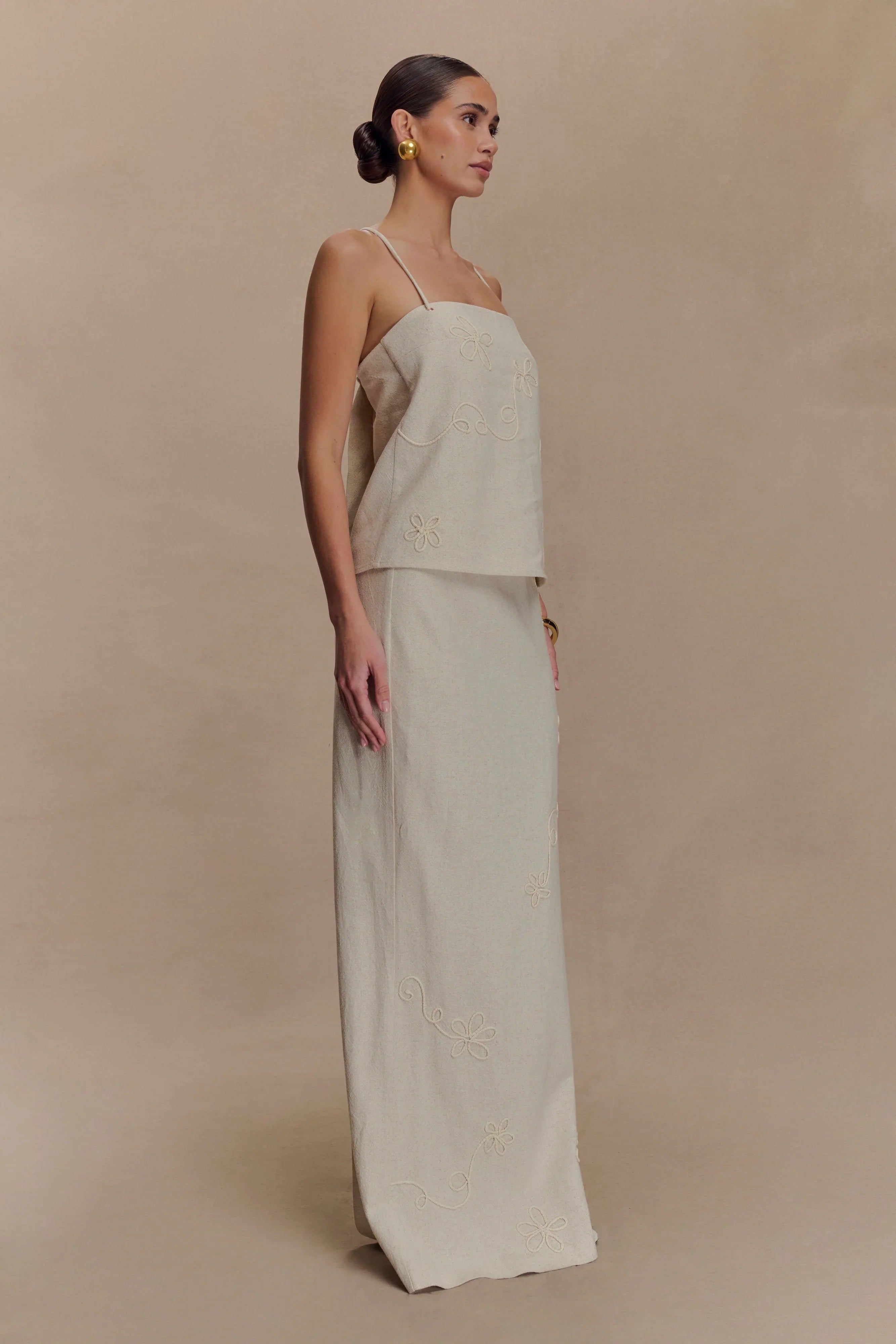 Casey Linen Embroidered Maxi Skirt Natural