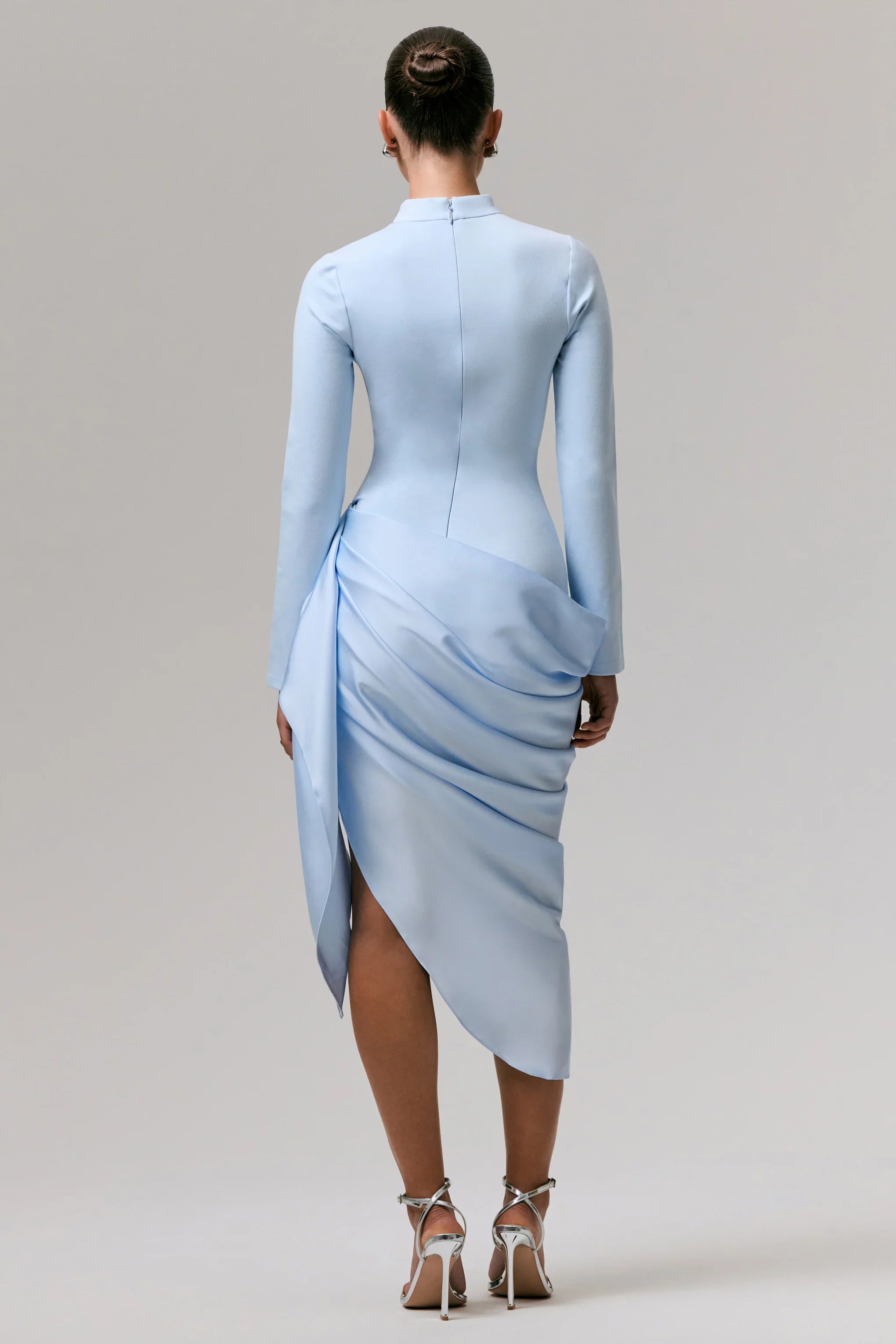 Raffie Powder Blue Long Sleeve Midi Dress With Satin Wrap Skirt
