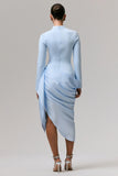 Raffie Powder Blue Long Sleeve Midi Dress With Satin Wrap Skirt