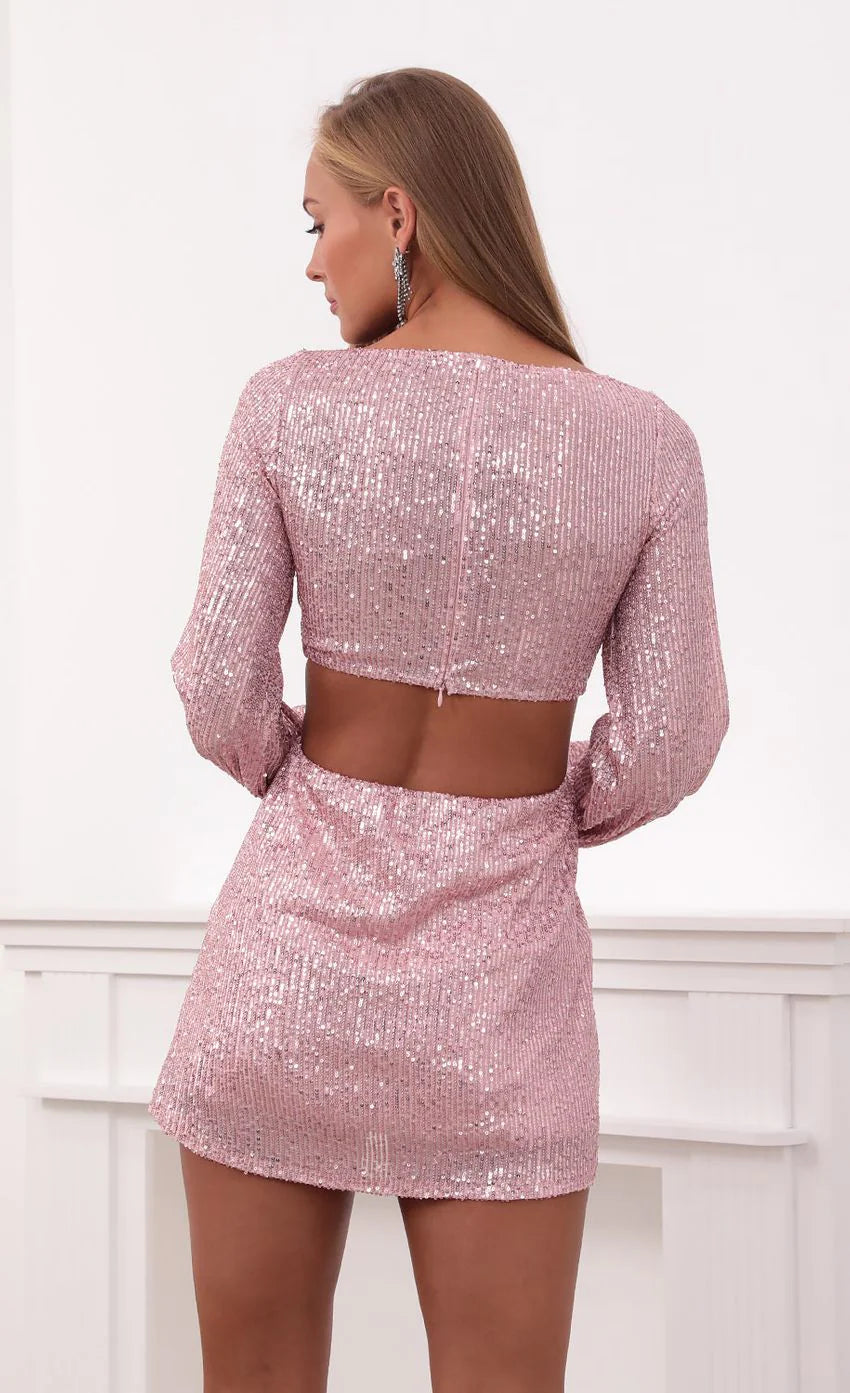 O Ring Sequin Dress in Pink