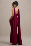 Rhoda Burgundy Twist Halter Neck Cape Maxi Dress