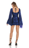 Metallic Pleated Bell Sleeve Dress in Blue