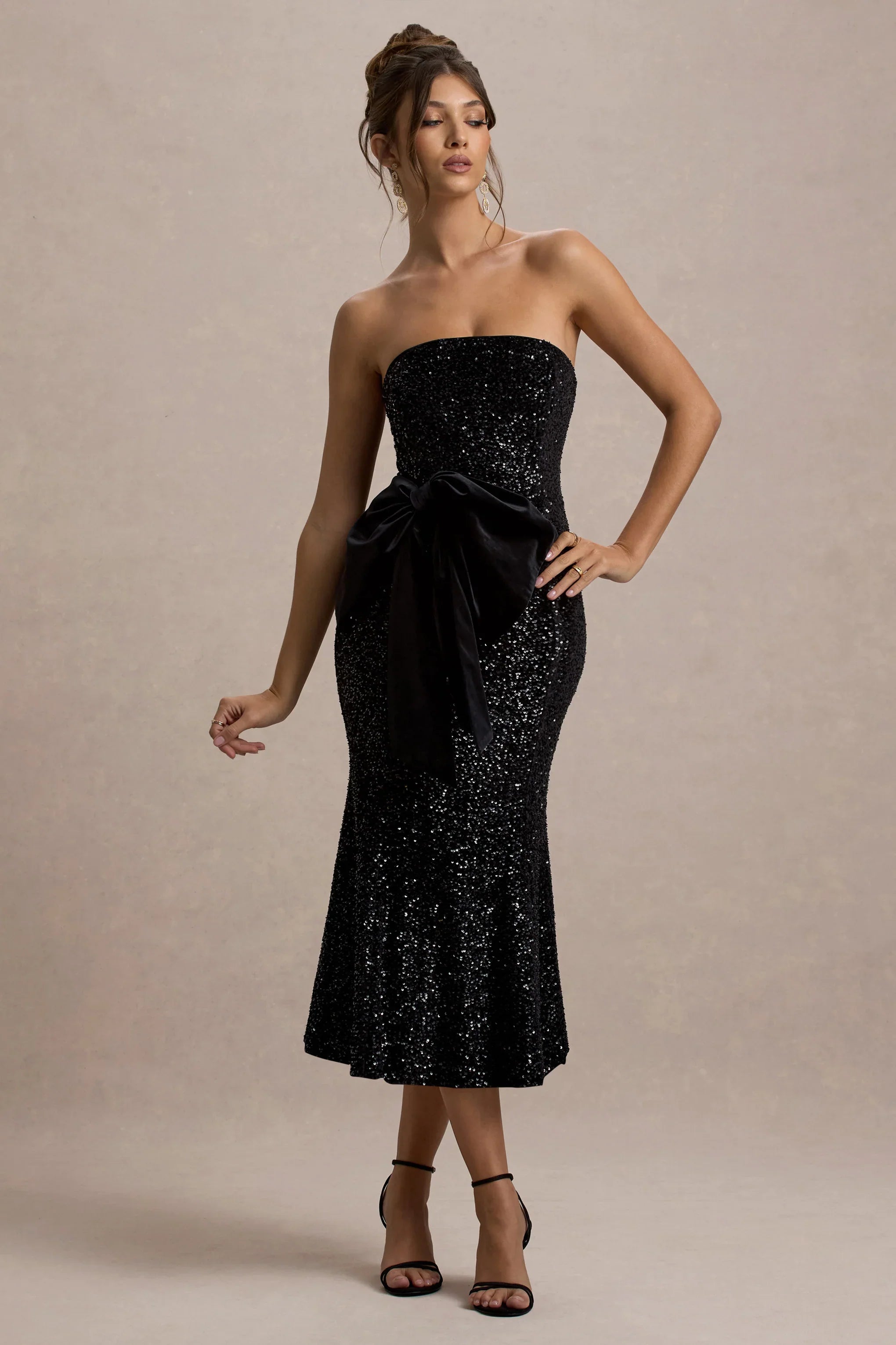 Adee Black Sequin Velvet Halter Neck Midi Dress With Bow