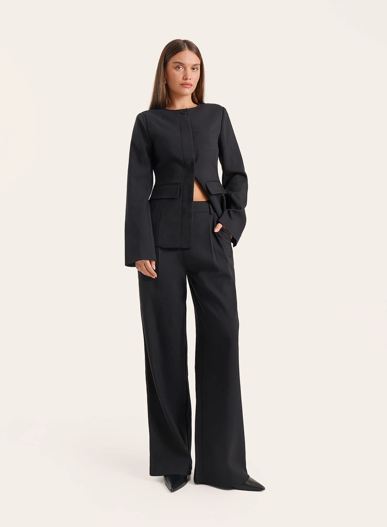 Black Collarless Cinched Waist Tailored Blazer