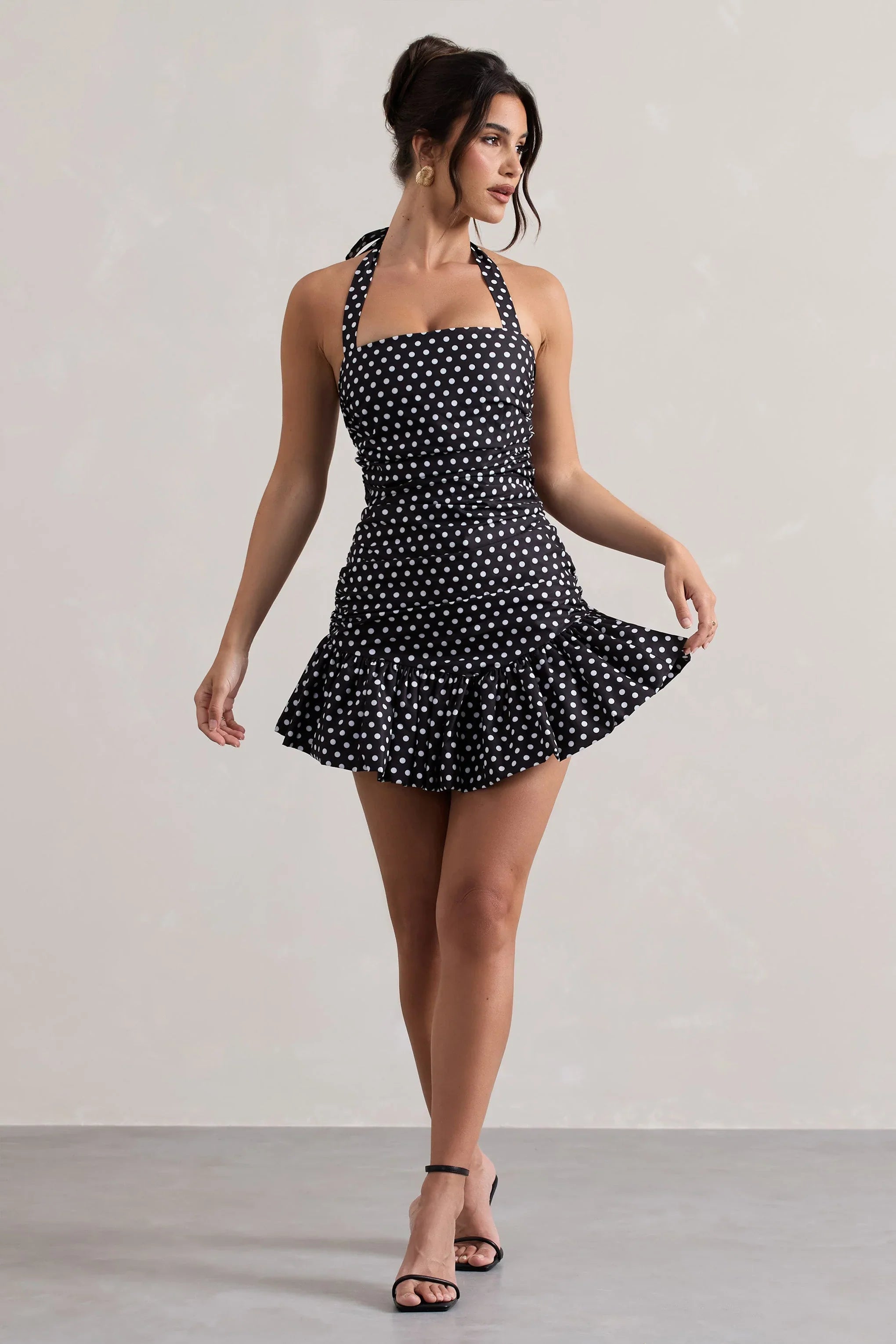 Zahra Black White Polka Dot Halter Neck Ruched Mini Dress With Ruffle Hem
