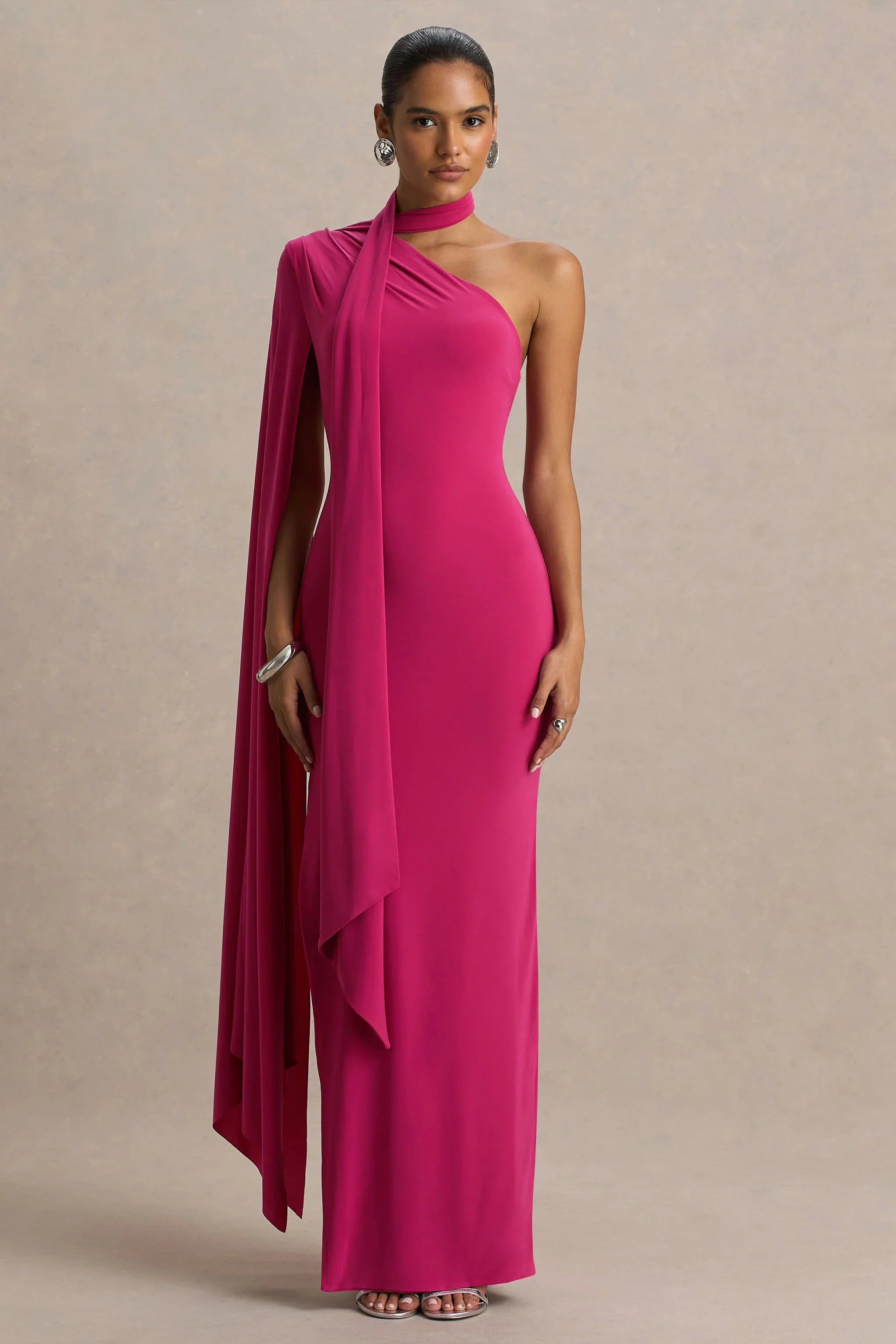 Amal Hot Pink Asymmetric Neck Maxi Dress With Scarf and Cape Detail