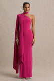 Amal Hot Pink Asymmetric Neck Maxi Dress With Scarf and Cape Detail