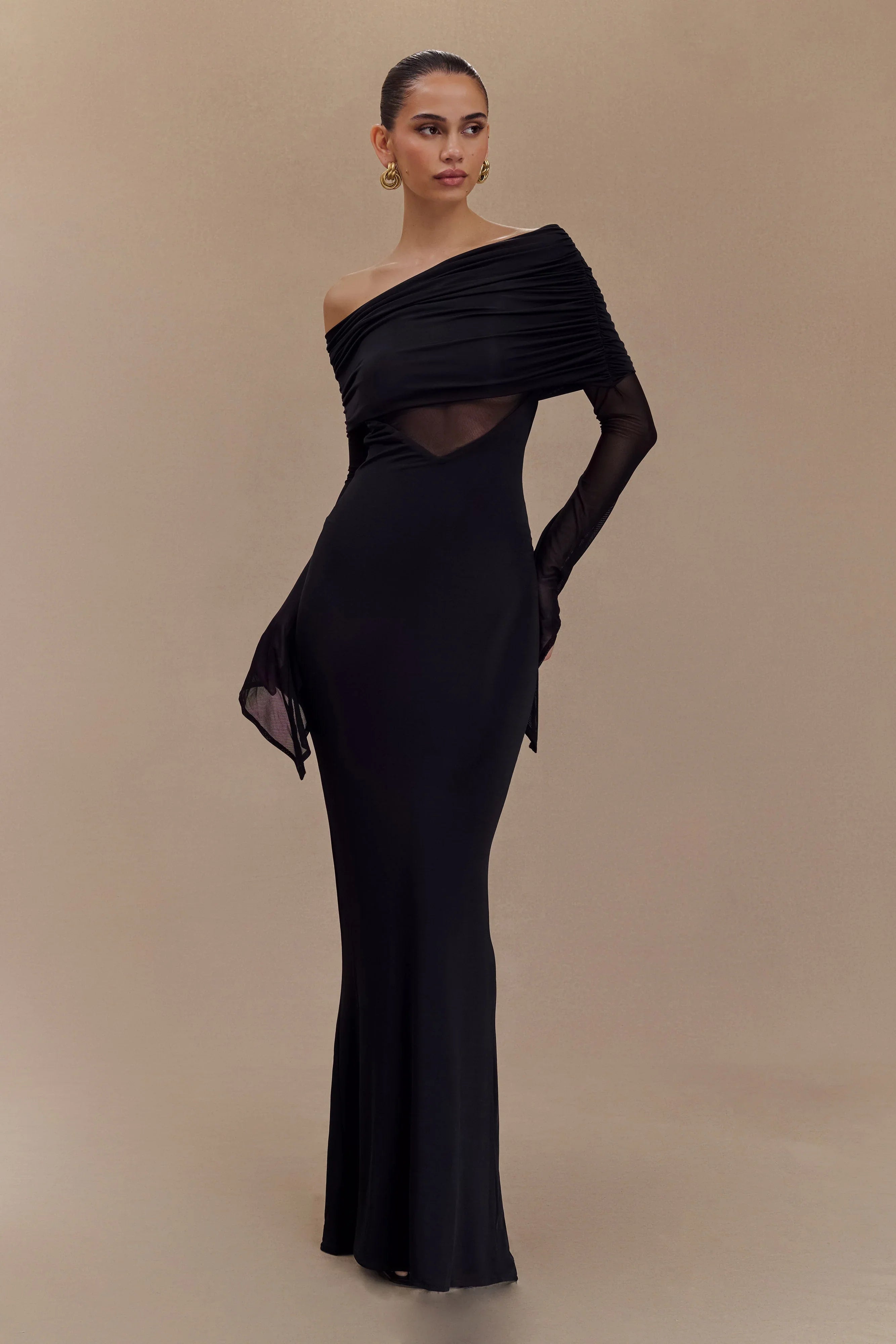 Kaitlin One Shoulder Slinky And Mesh Maxi Dress Black