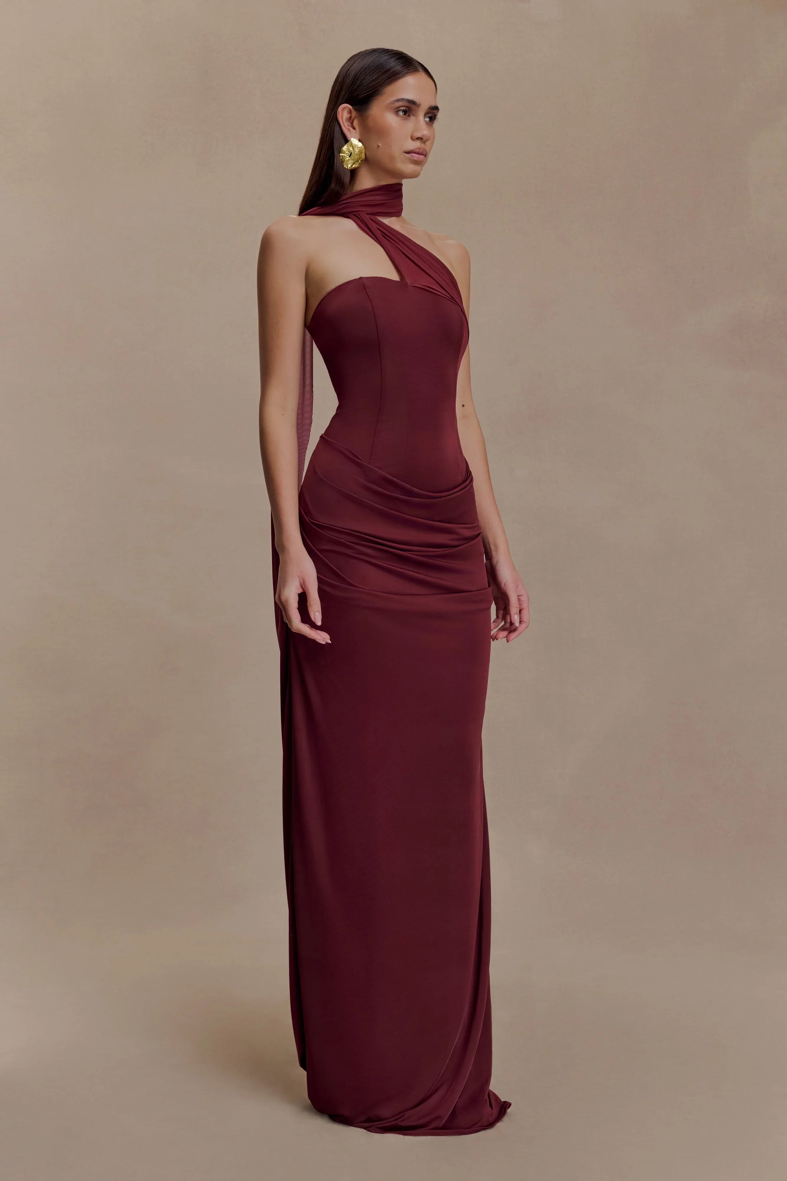 Mattea Slinky And Mesh Maxi Dress With Scarf Burgundy