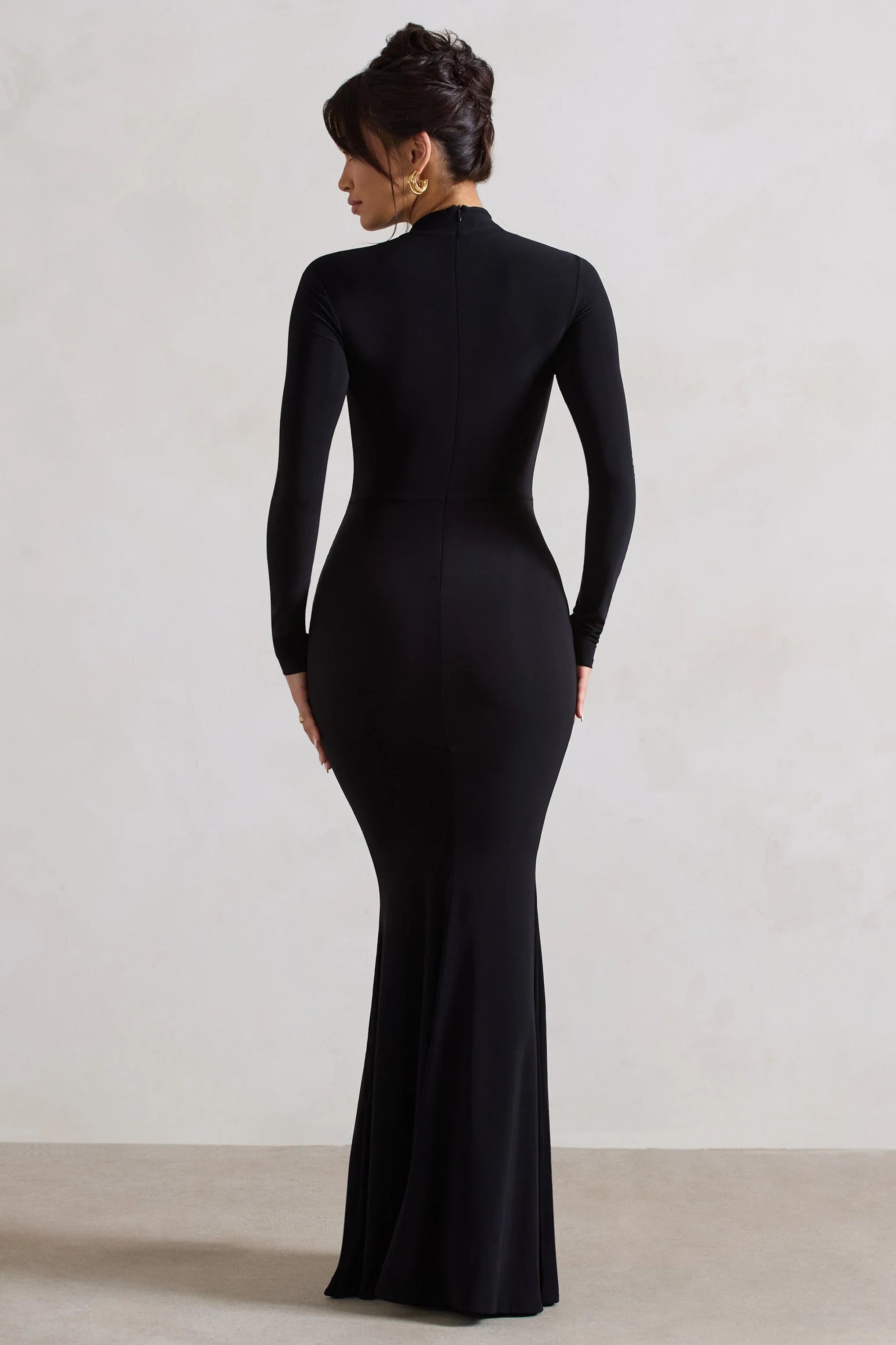 Pietra Black High Neck Long Sleeve Knot Maxi Dress