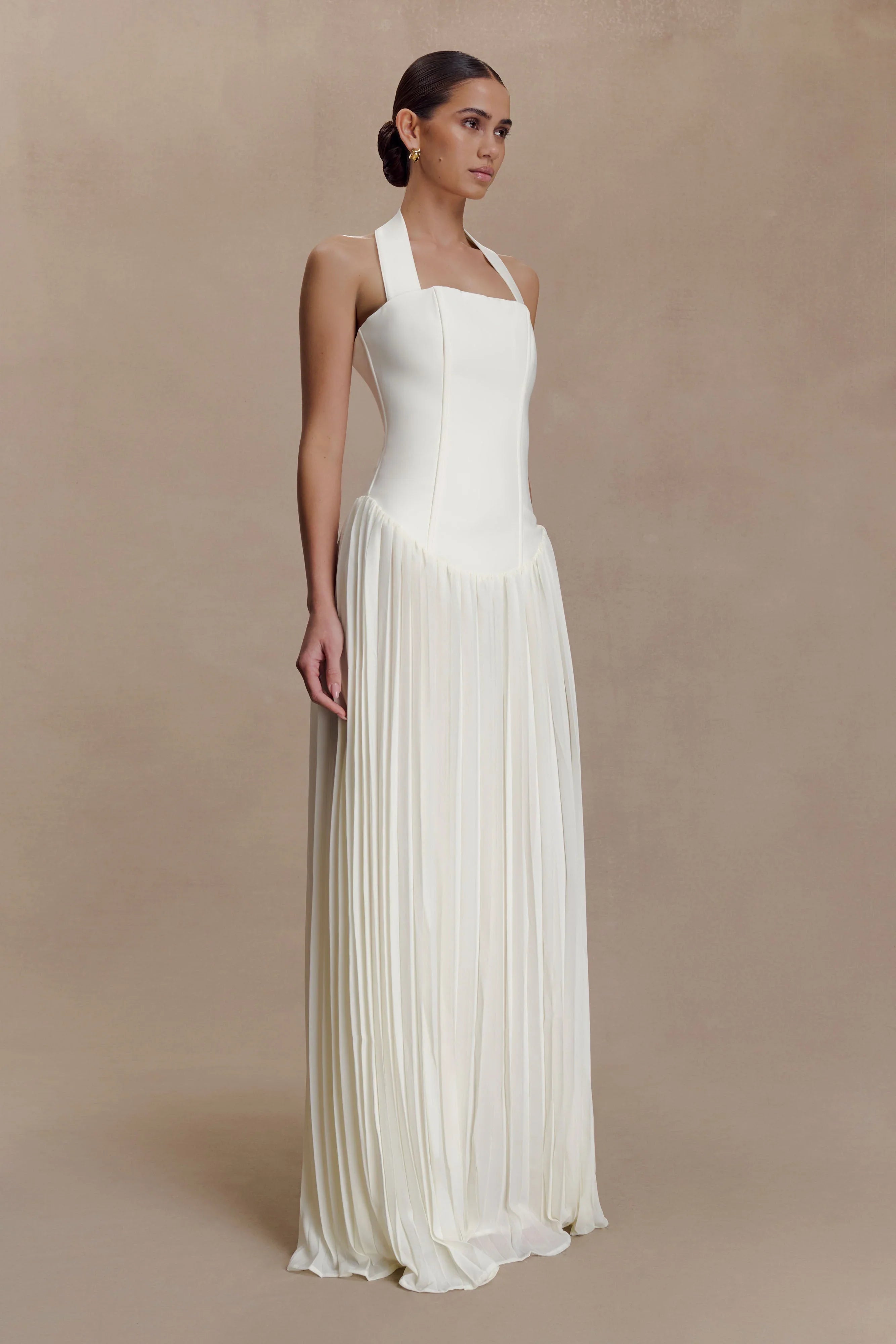 Stacie Pleated Halter Maxi Dress Ivory