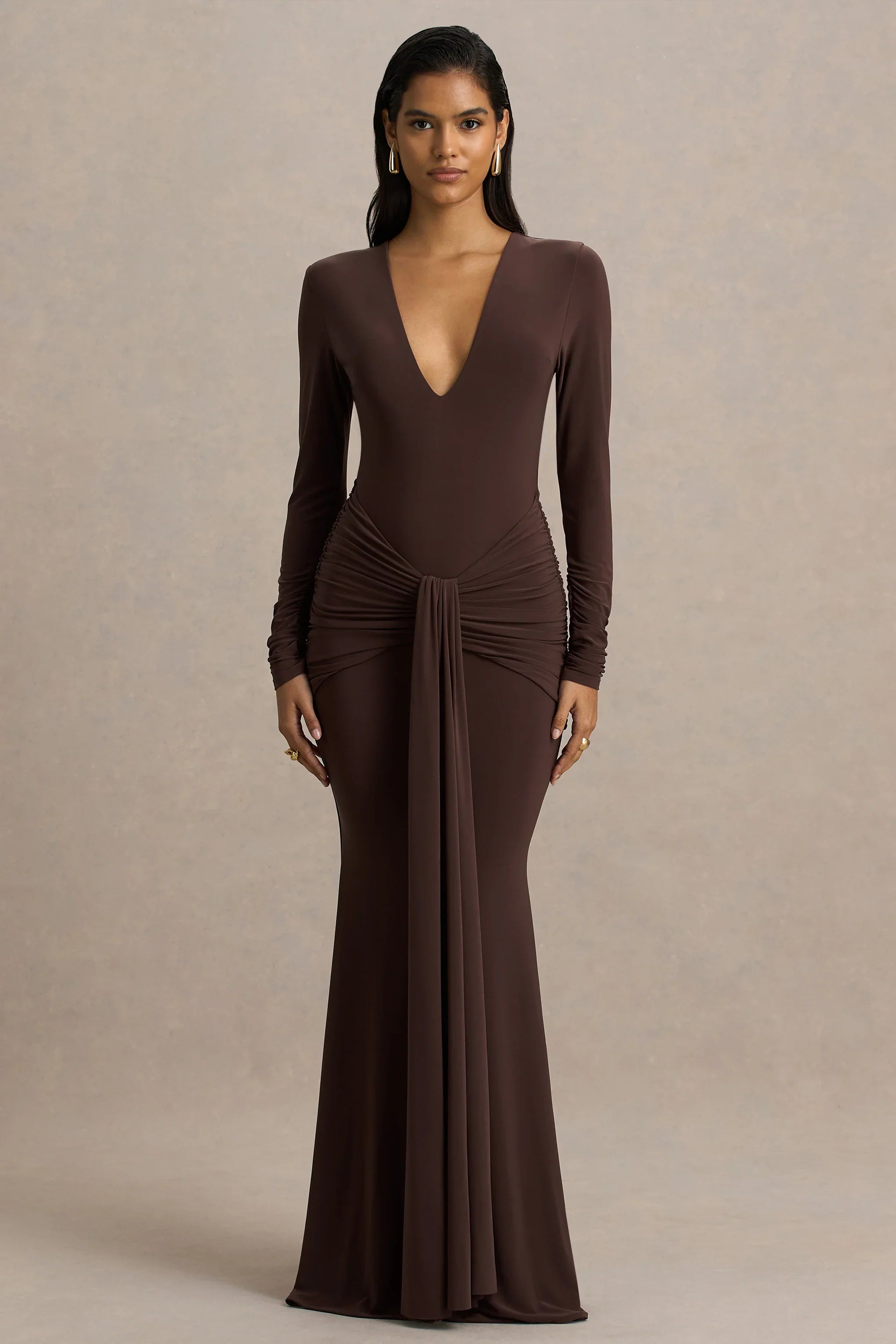 Saffie Chocolate Extreme Plunge Wrap Maxi Dress With Long Sleeves And Ruched Detailing