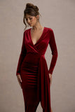 Arcadia Berry Velvet Plunge Neck Wrap Midi Dress