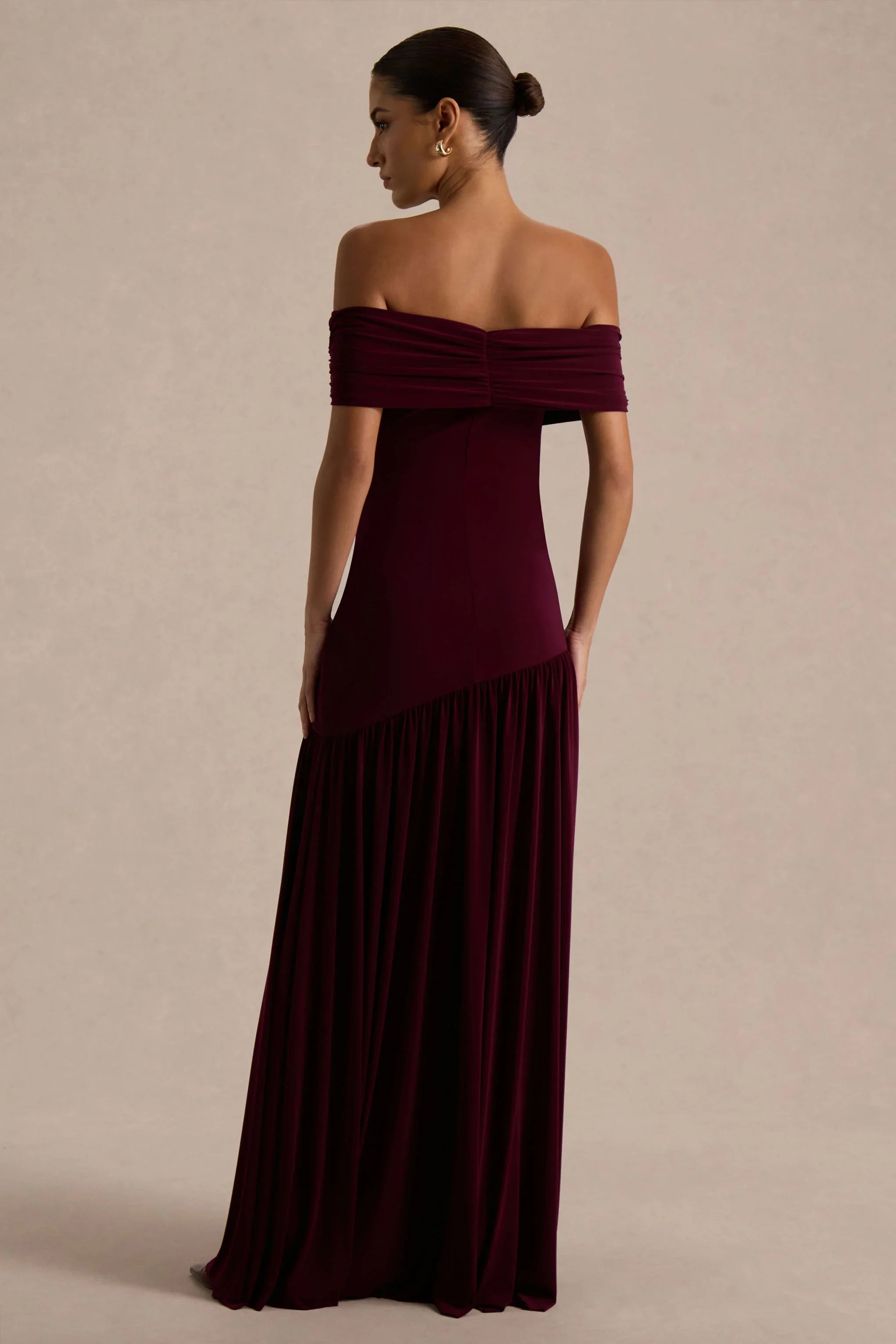 Venezia Burgundy Bardot Maxi Dress With Drop Waist