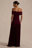 Venezia Burgundy Bardot Maxi Dress With Drop Waist