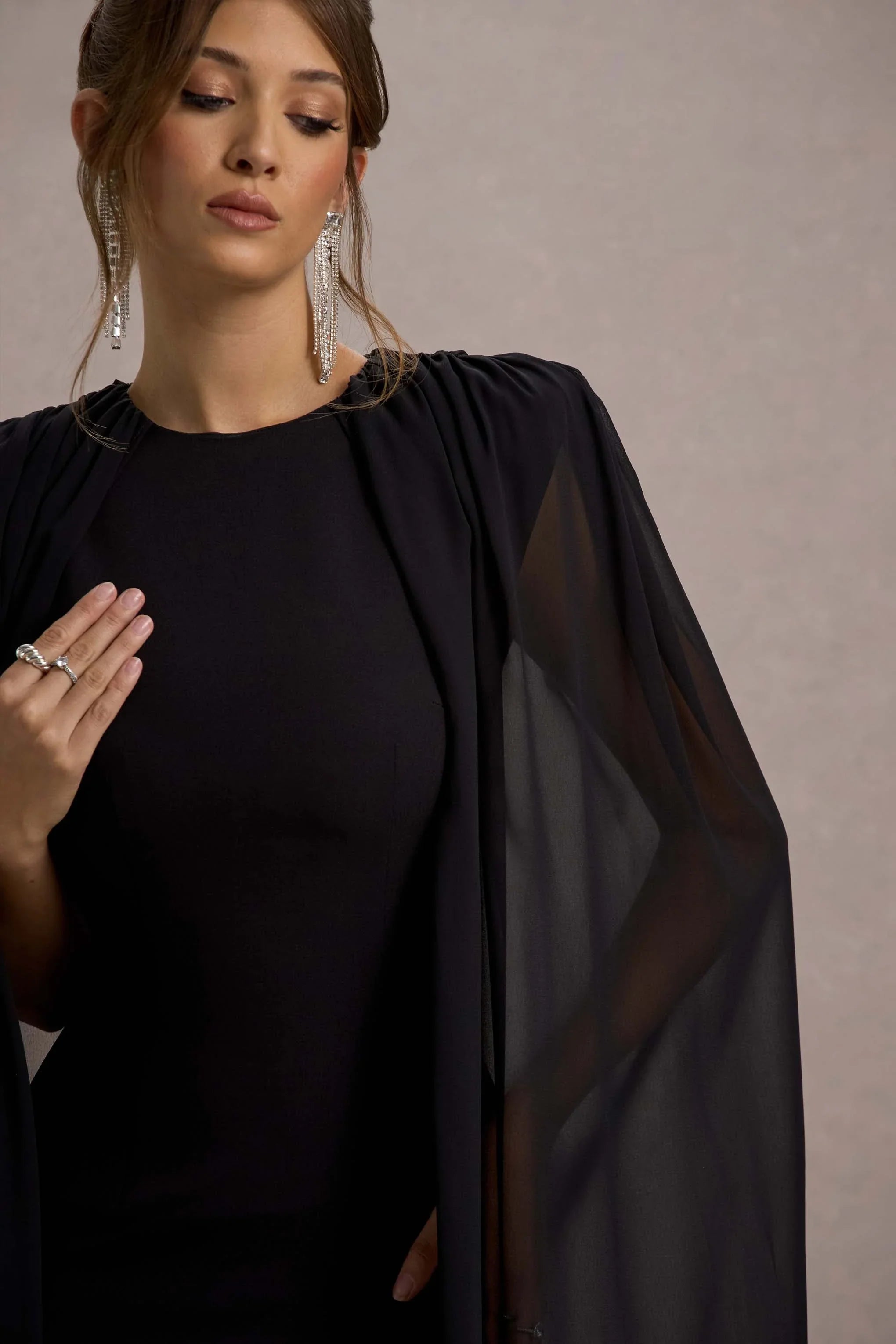 Elysium Black Bodycon Mini Dress With Chiffon Cape