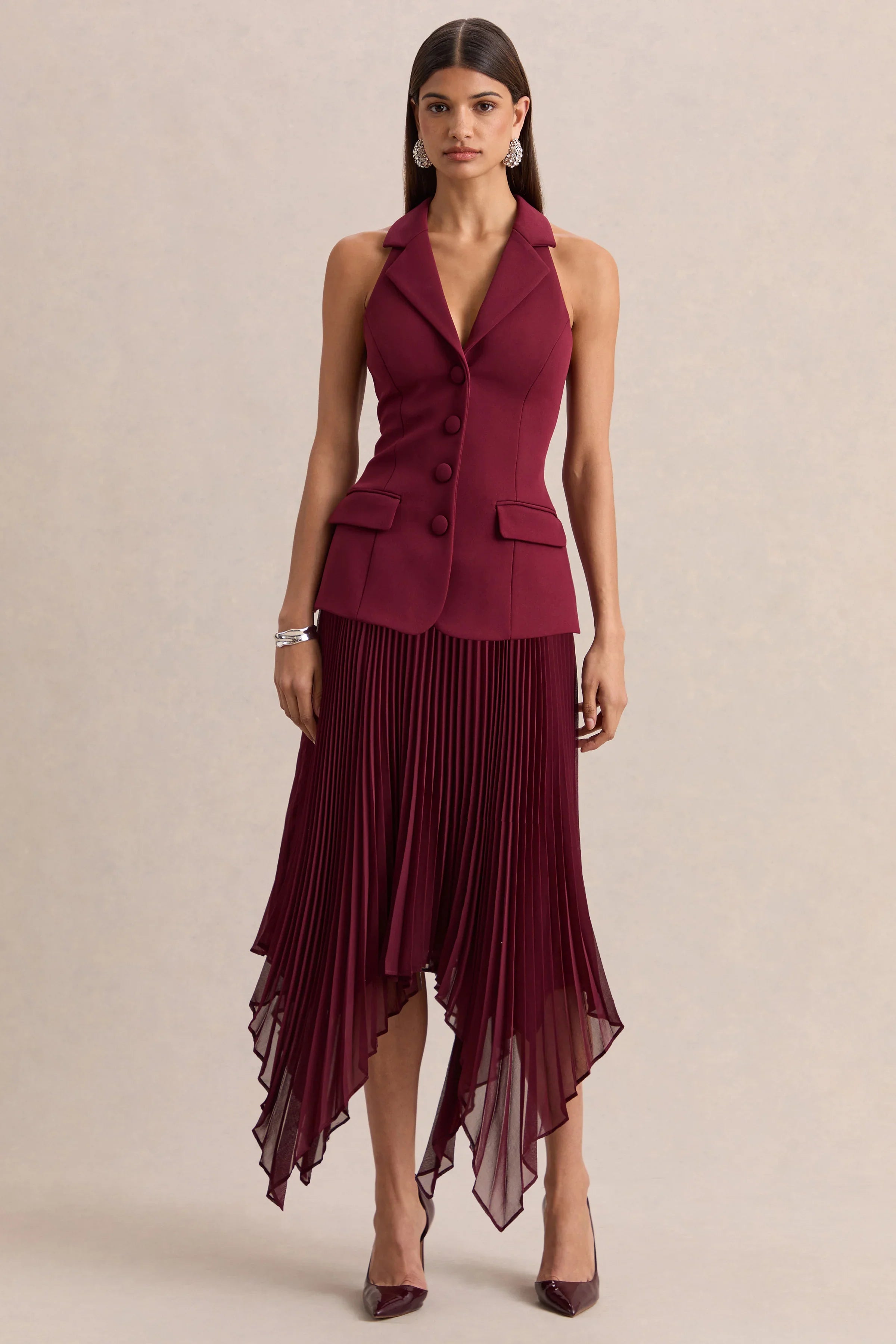 Marvelle Burgundy Plunge Neck Maxi Dress With Hanky Hem