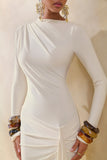 Karessa Cream High Neck Maxi Dress With Gathered Detailing And Front High Split